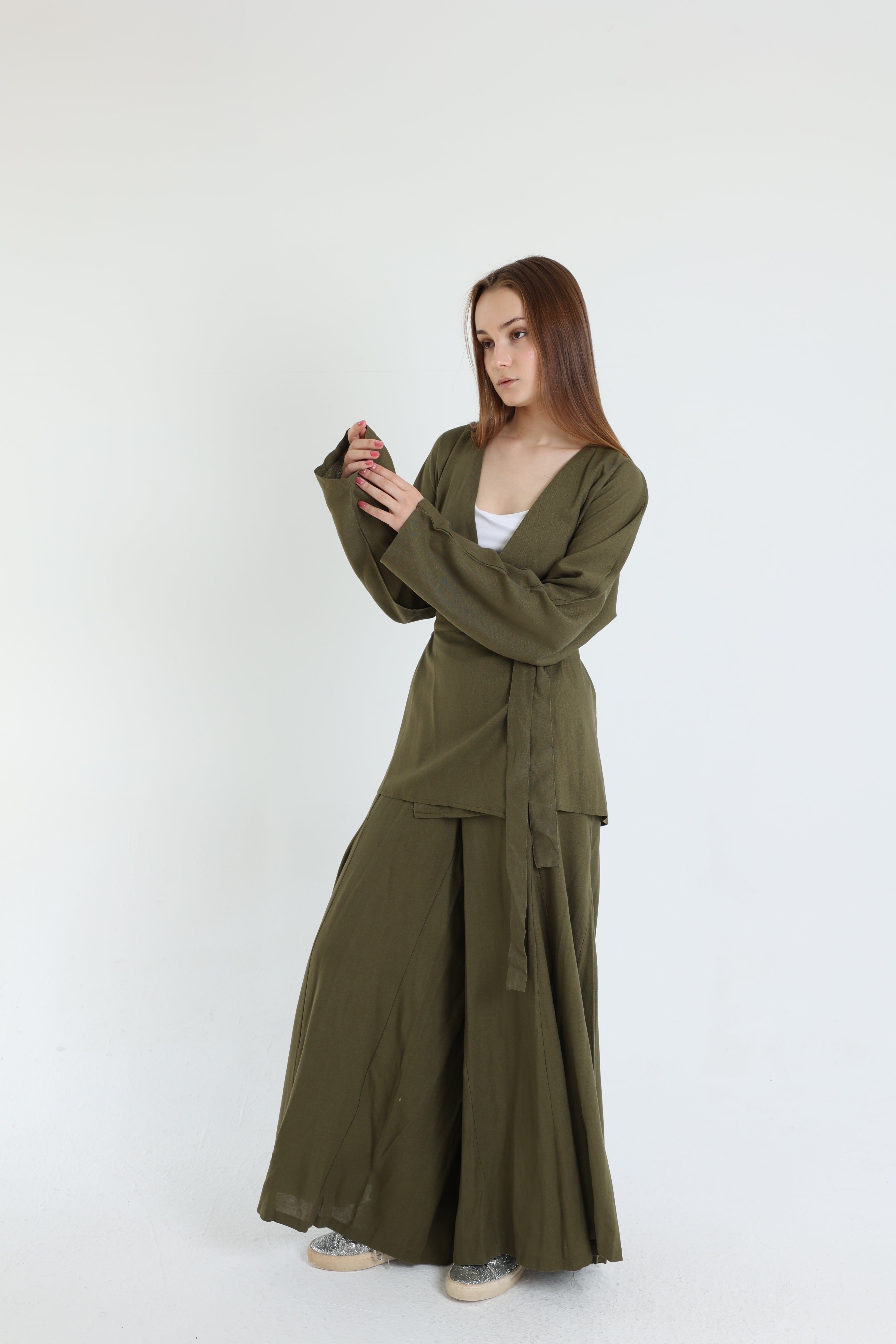 Olive Linen Croisé Shirt with Belt