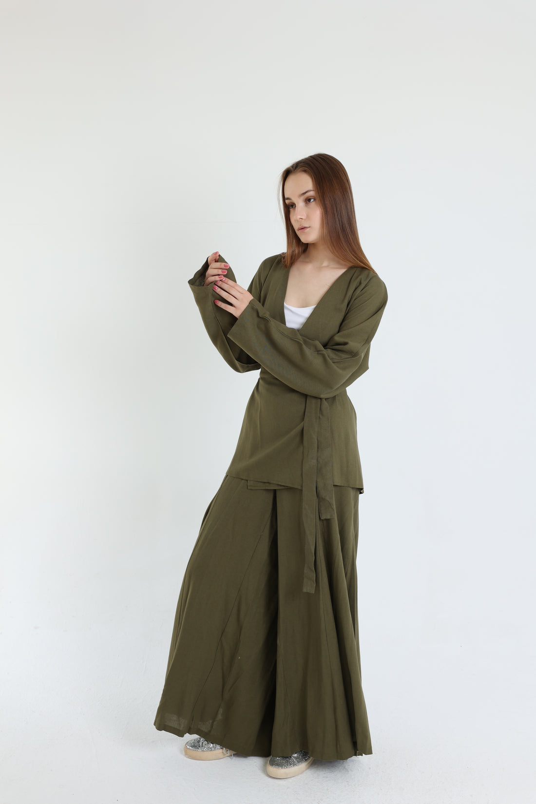 Olive Linen Croisé Shirt with Belt