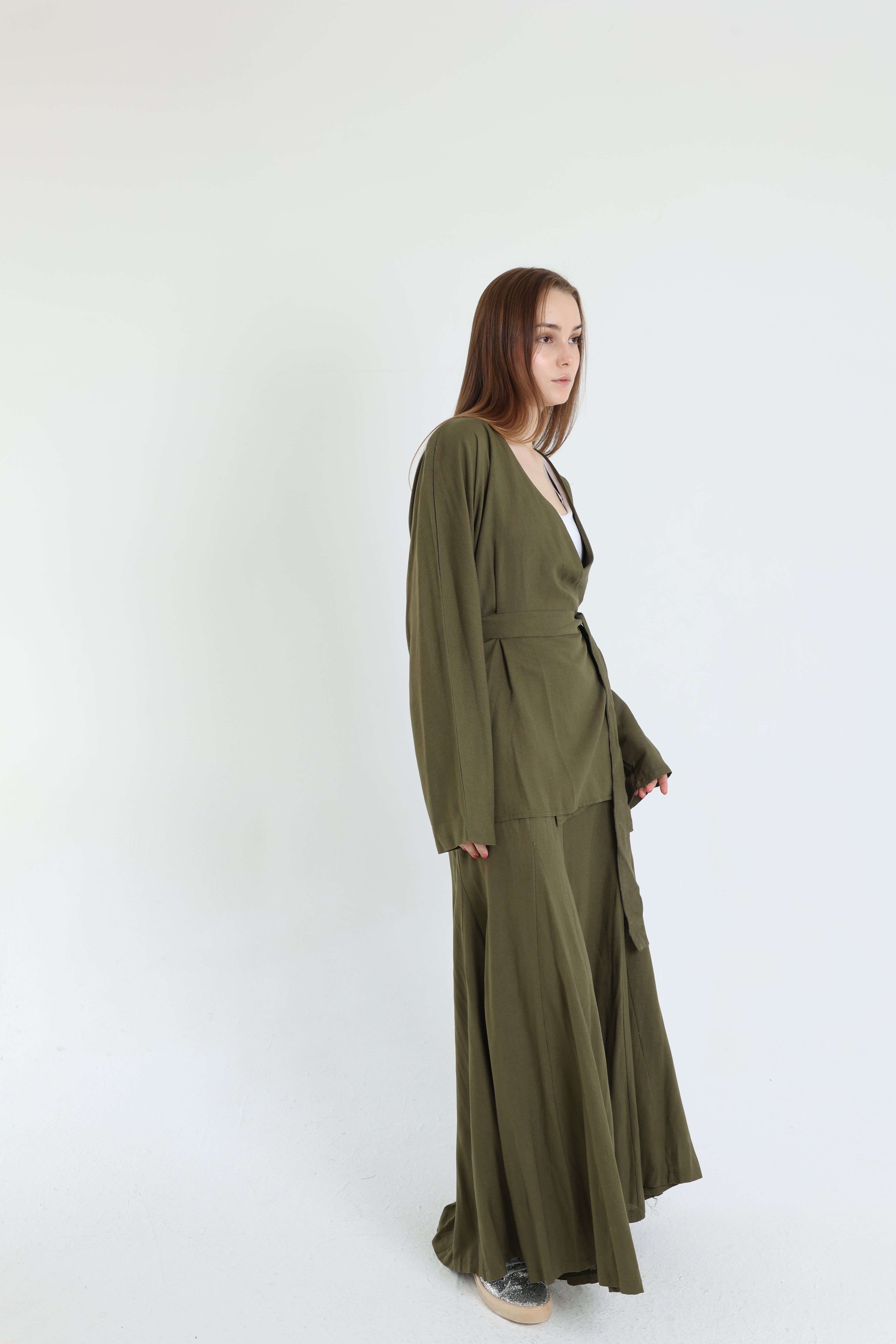 Olive Linen Croisé Shirt with Belt