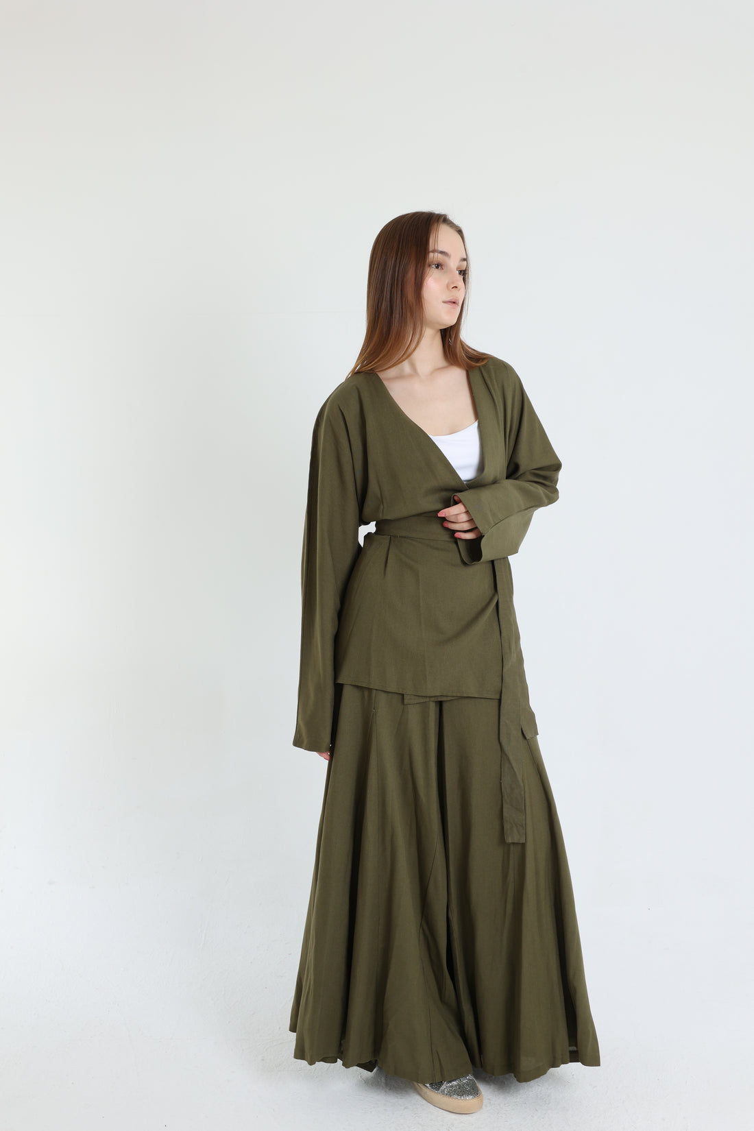 Olive Linen Croisé Shirt with Belt