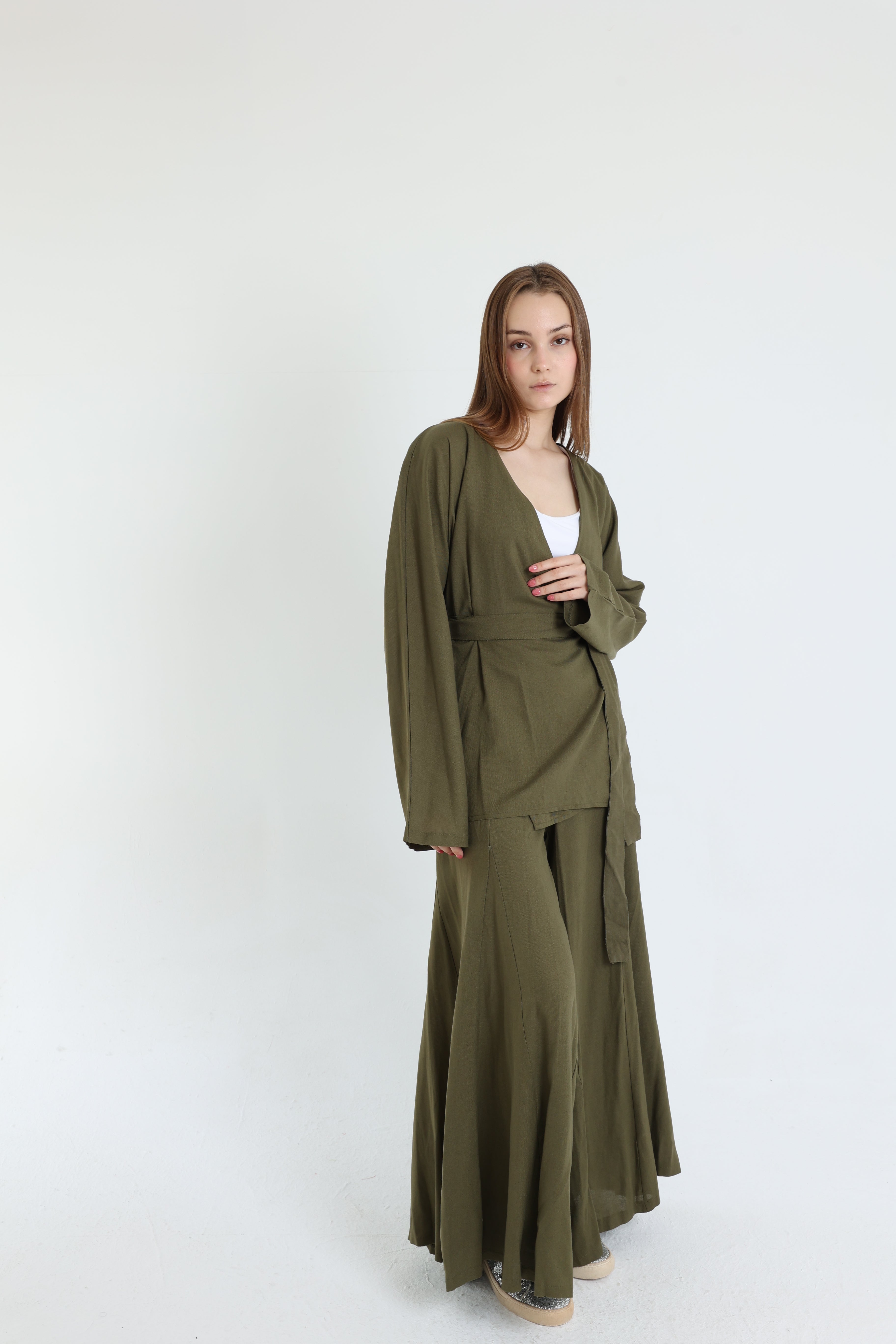 Olive Linen Croisé Shirt with Belt