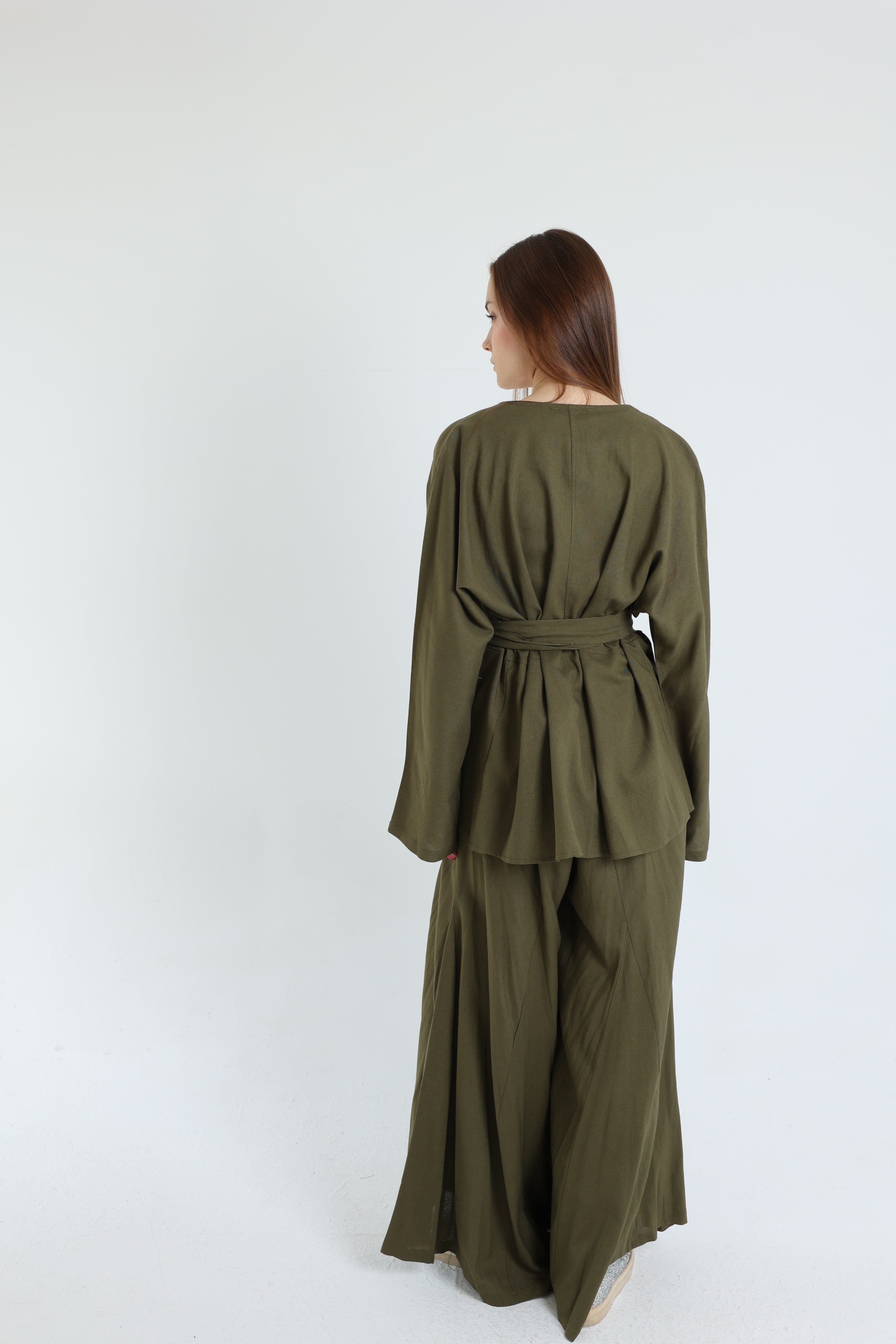 Olive Linen Croisé Shirt with Belt
