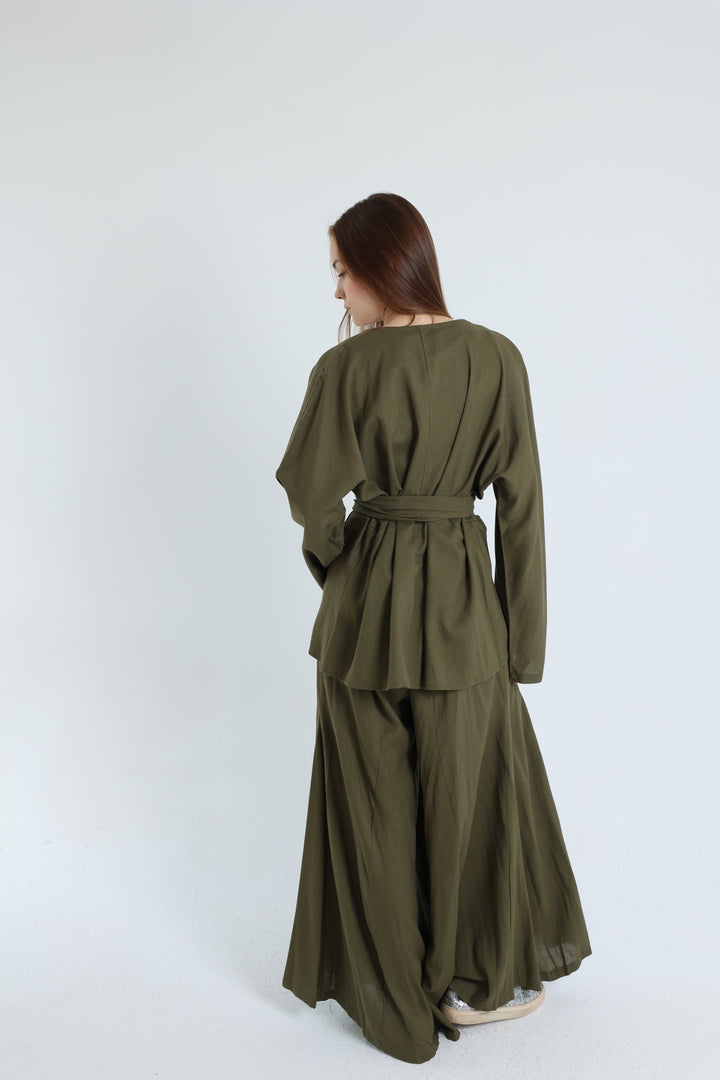 Olive Linen Croisé Shirt with Belt