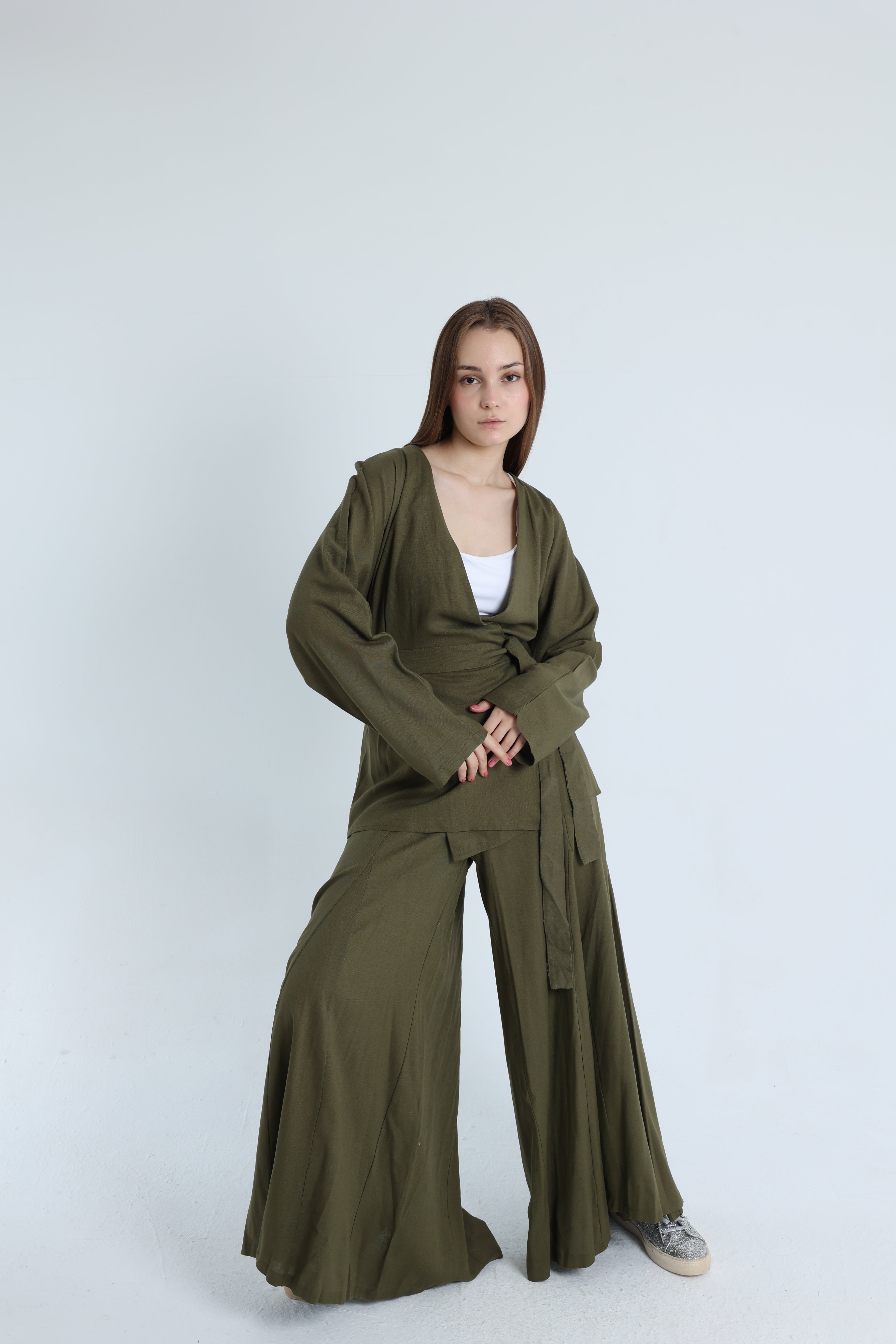 Olive Linen Croisé Shirt with Belt