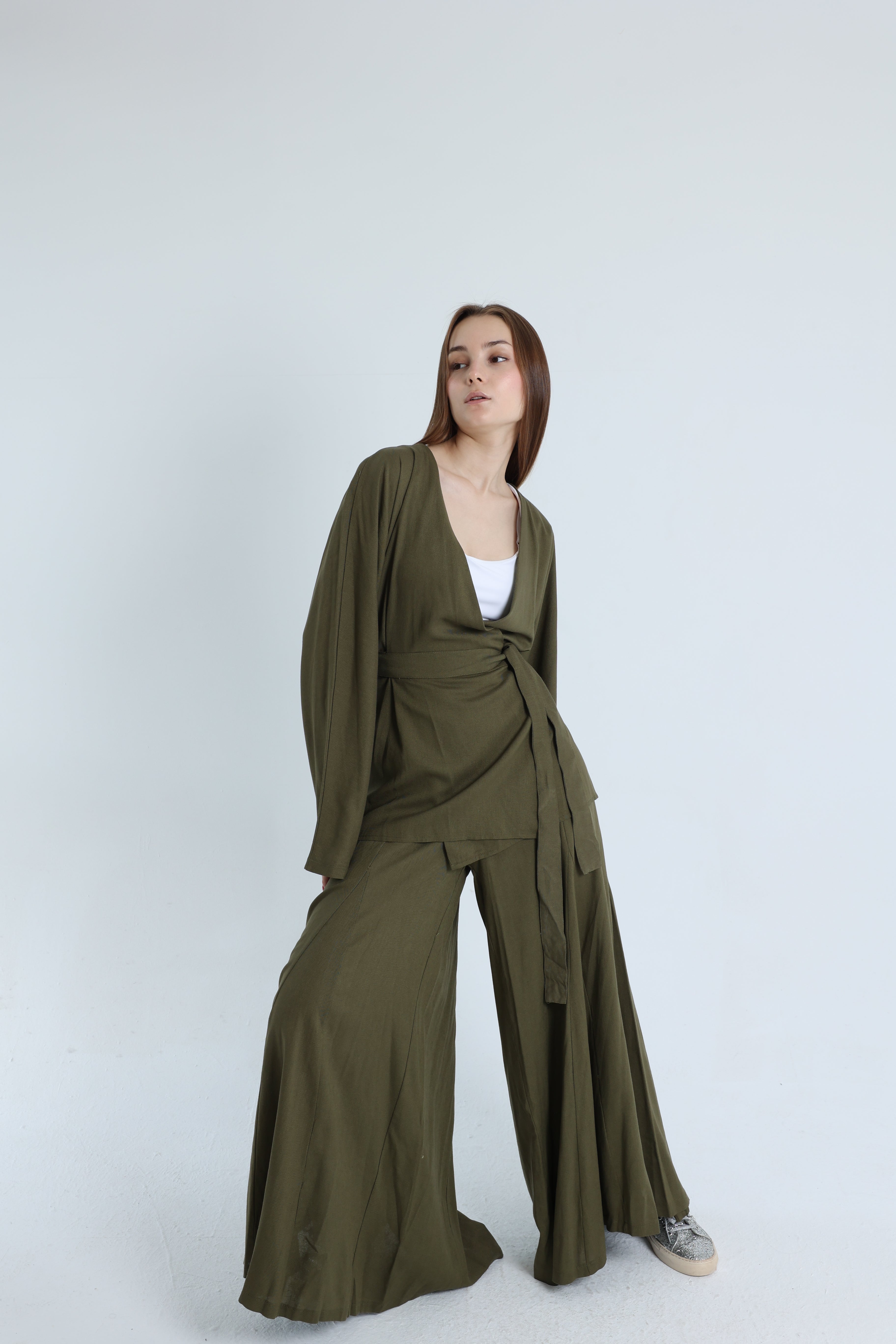 Olive Linen Croisé Shirt with Belt
