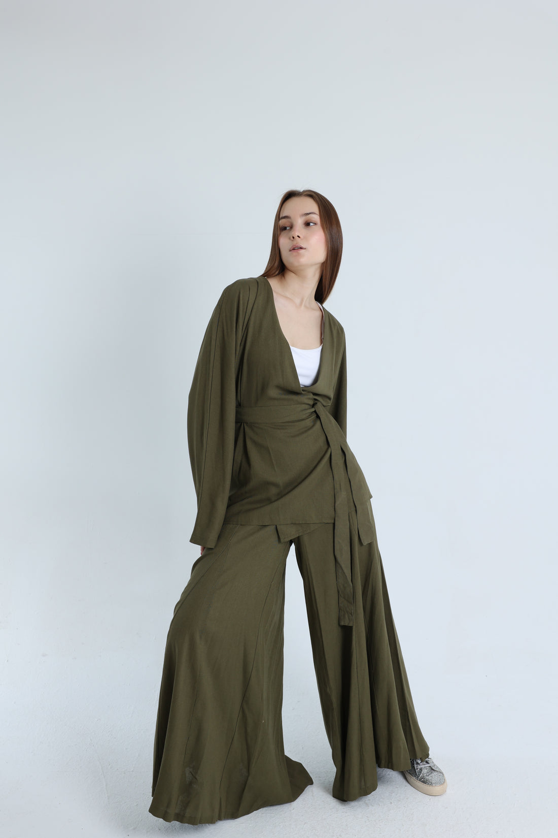 Olive Linen Croisé Shirt with Belt