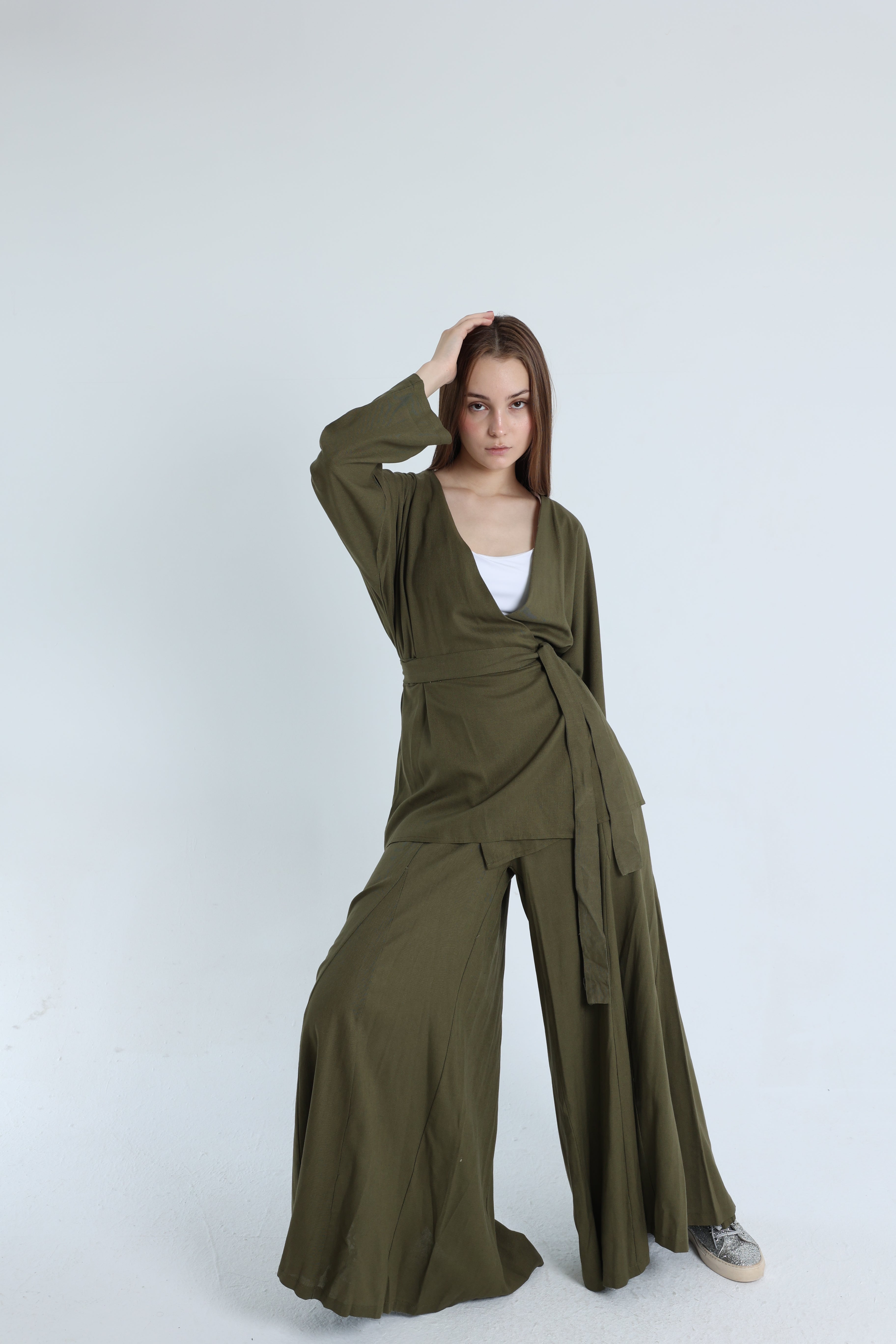 Olive Linen Croisé Shirt with Belt