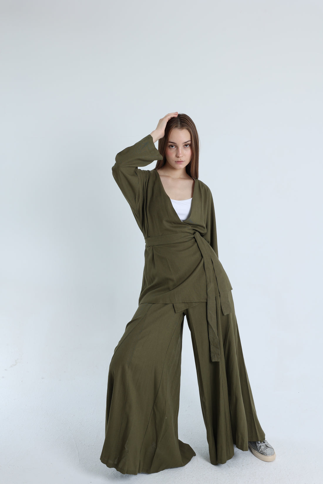Olive Linen Croisé Shirt with Belt