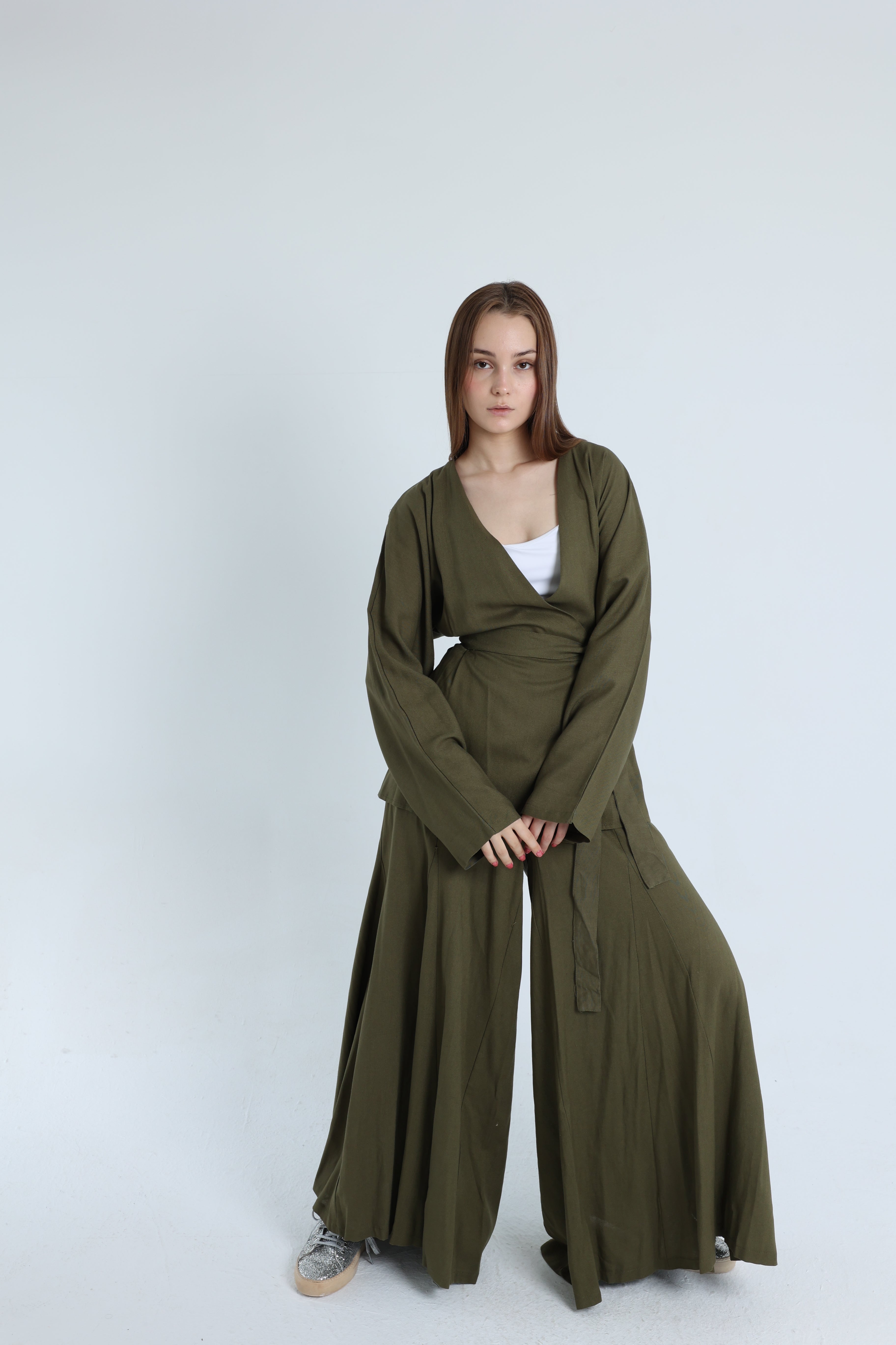 Olive Linen Croisé Shirt with Belt