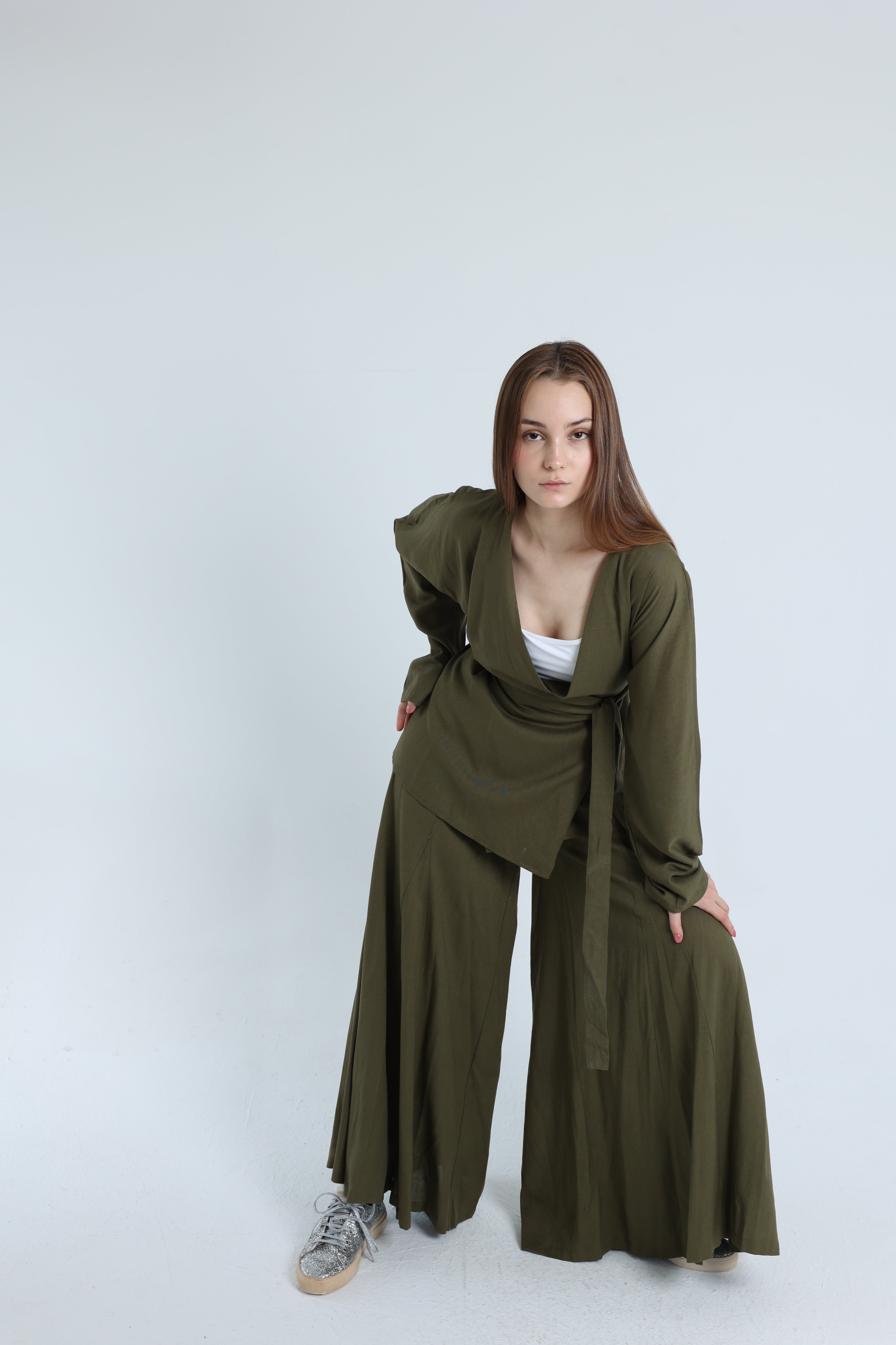 Olive Linen Croisé Shirt with Belt