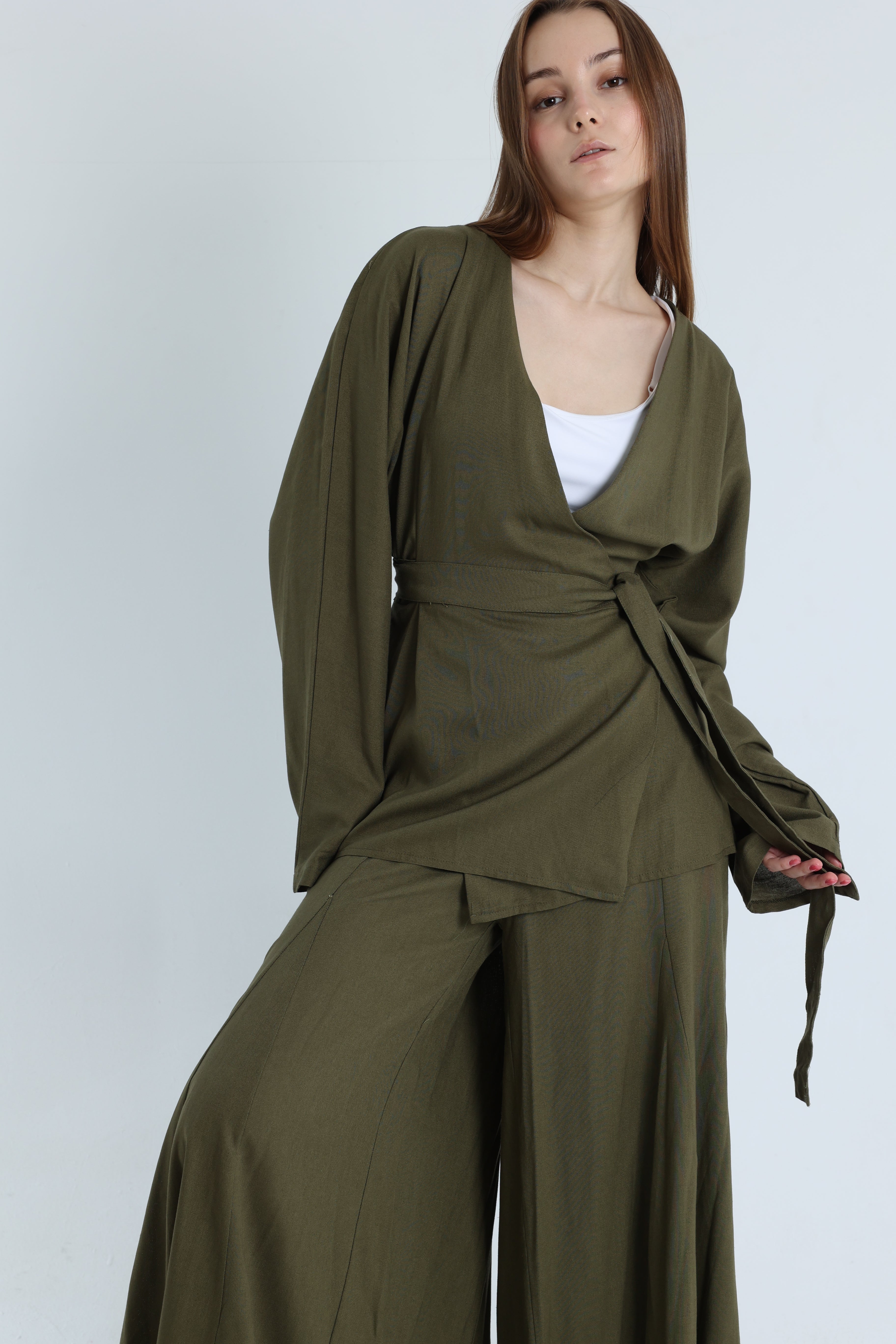Olive Linen Croisé Shirt with Belt