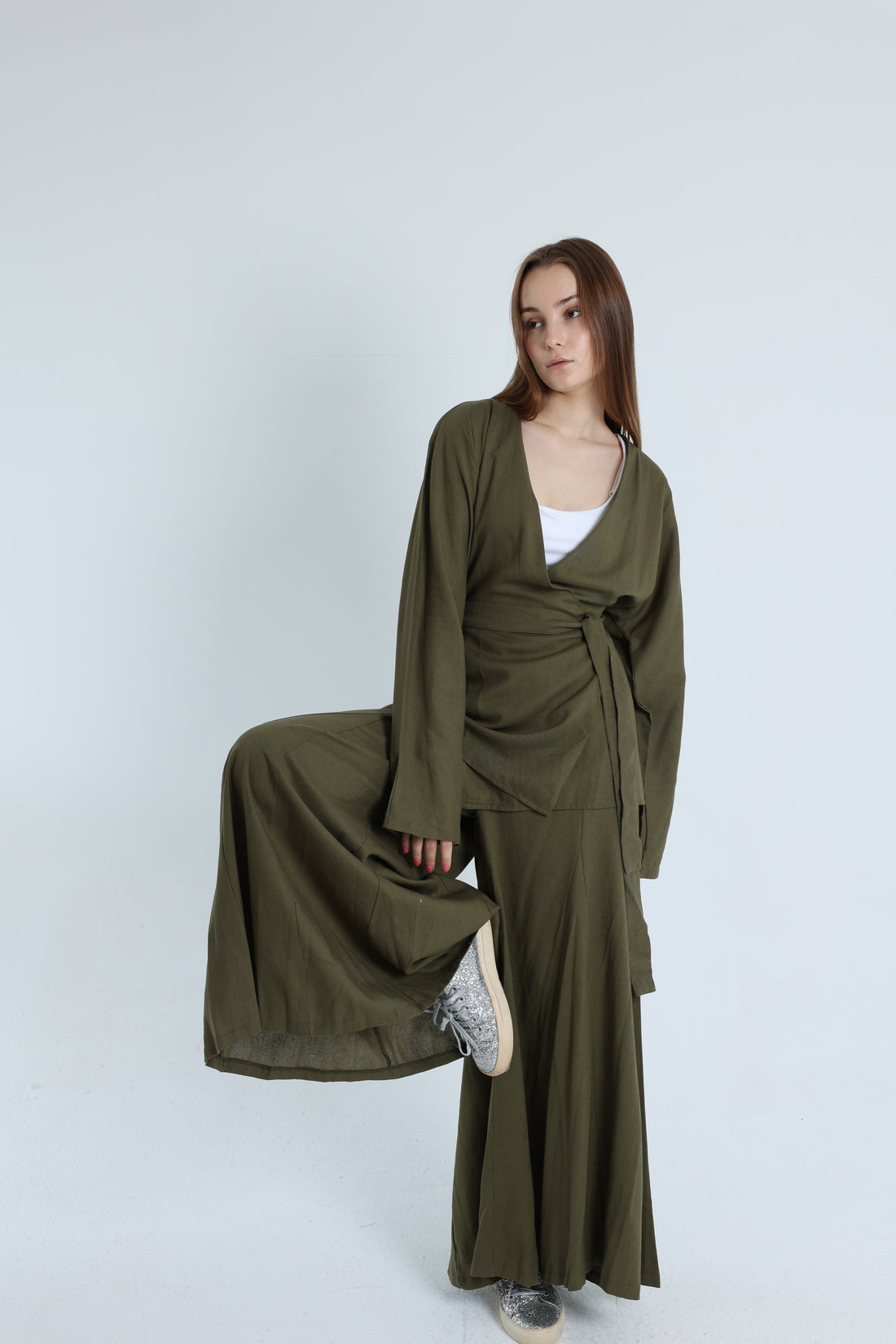 Olive Linen Croisé Shirt with Belt