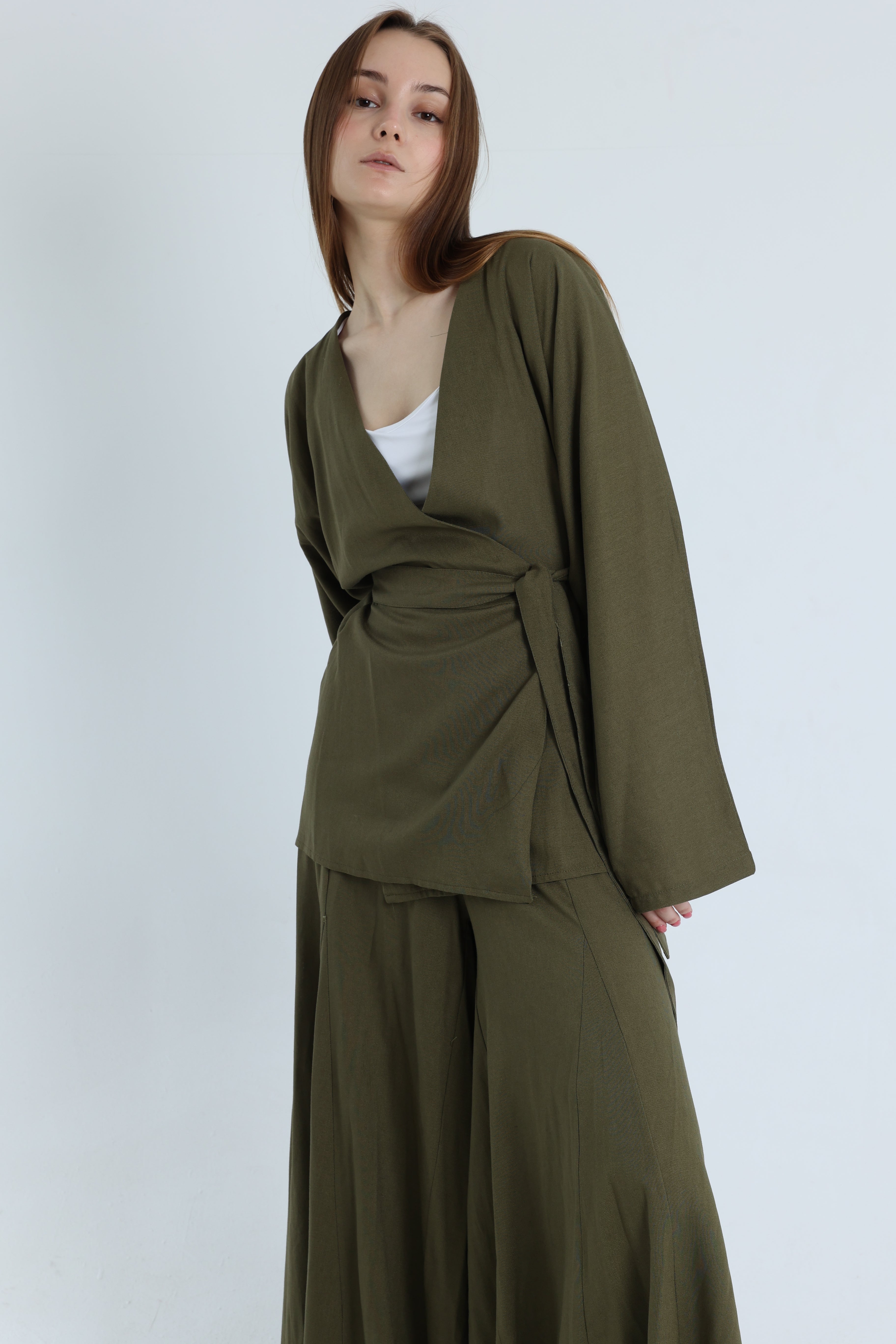 Olive Linen Croisé Shirt with Belt