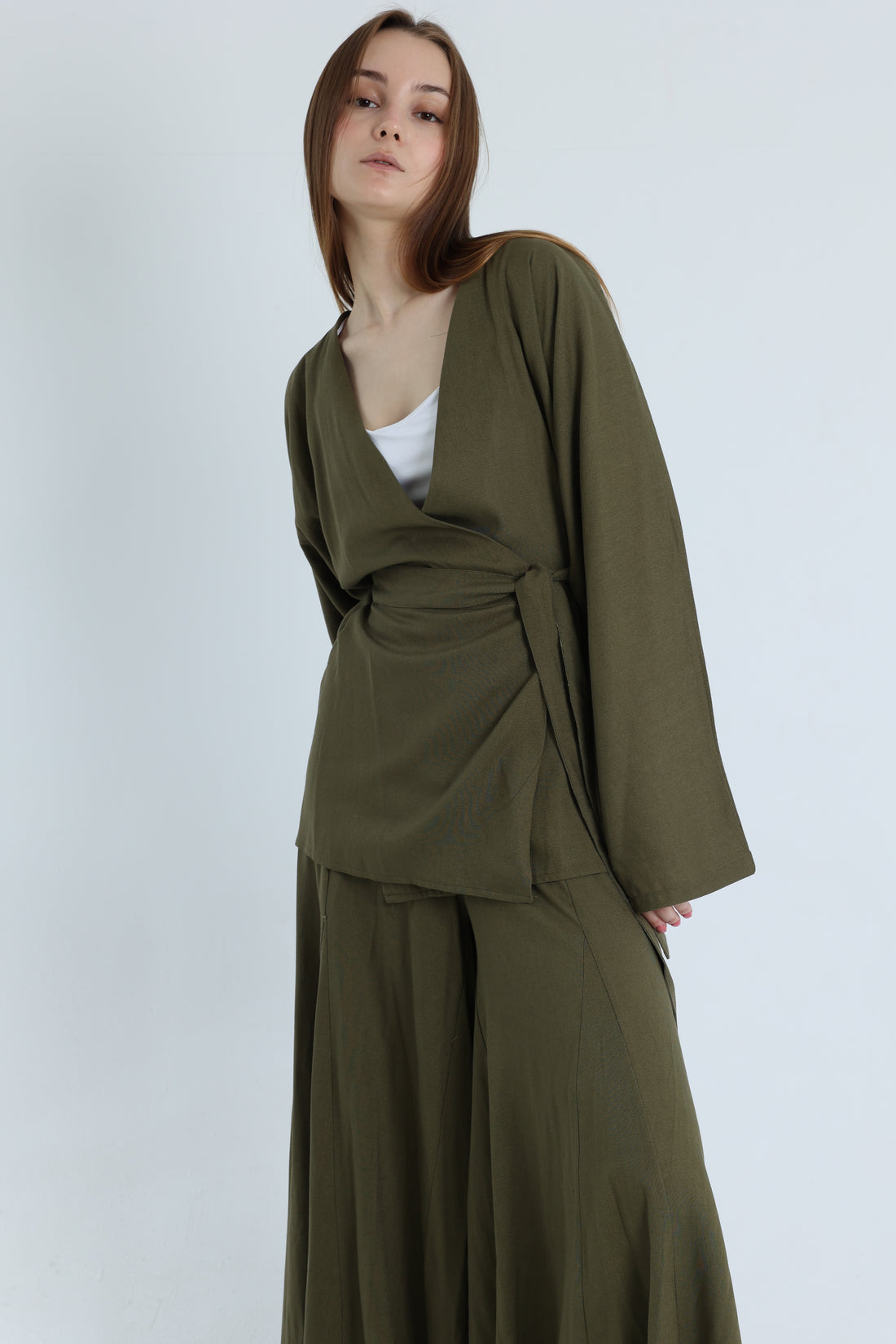 Olive Linen Croisé Shirt with Belt