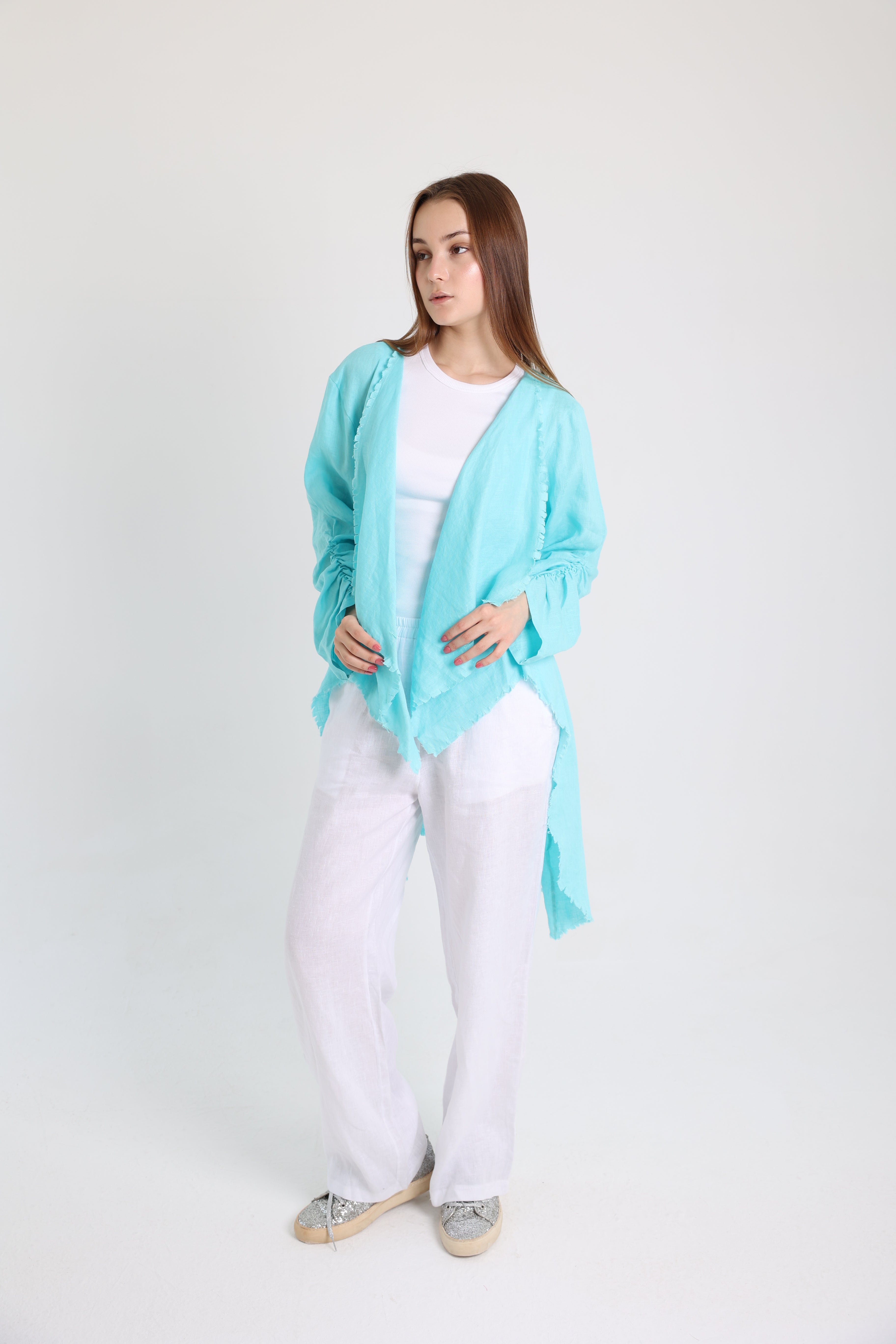 Turquoise high-low croise buttoned cardigan