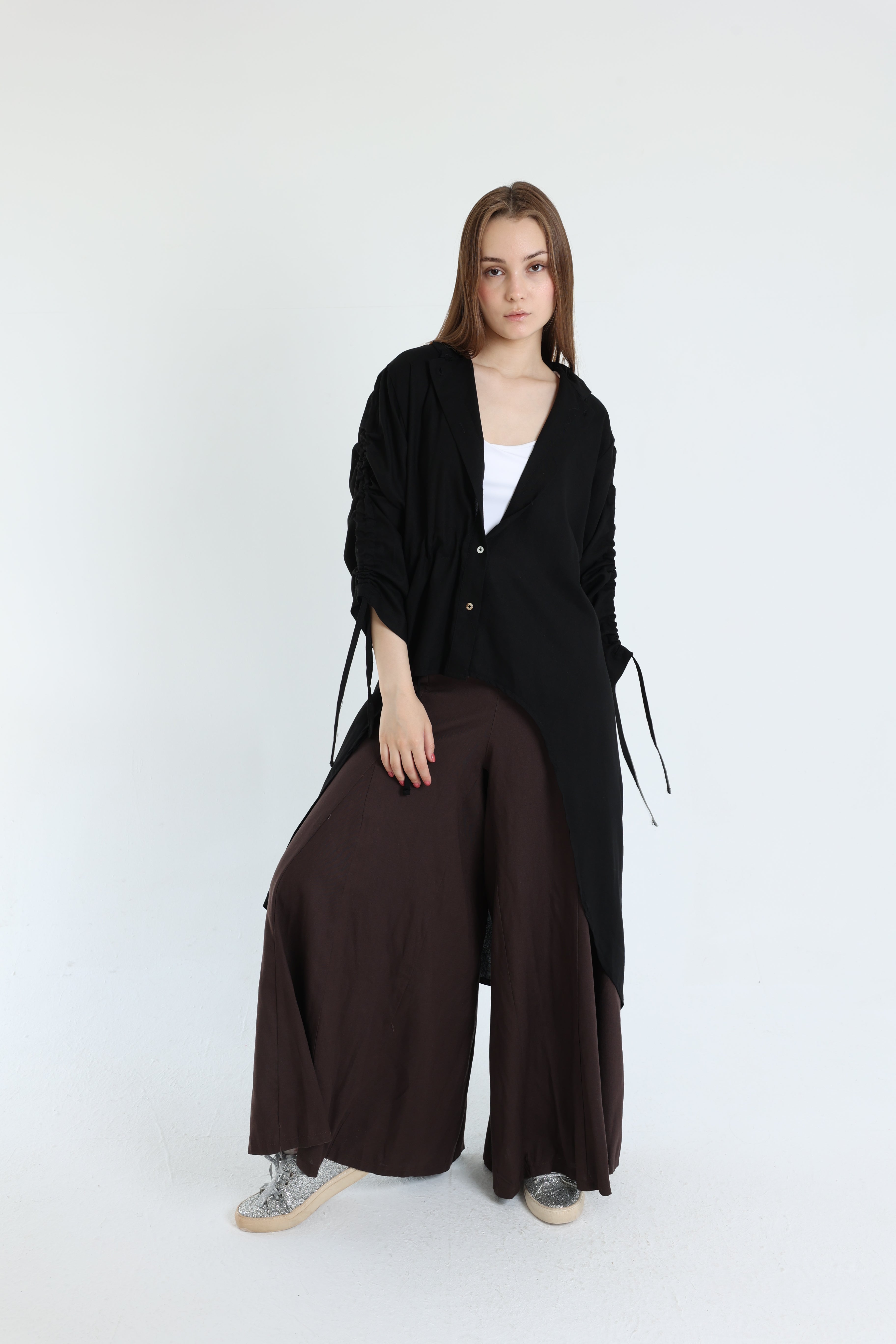 Black Asymmetric Linen Blouse
