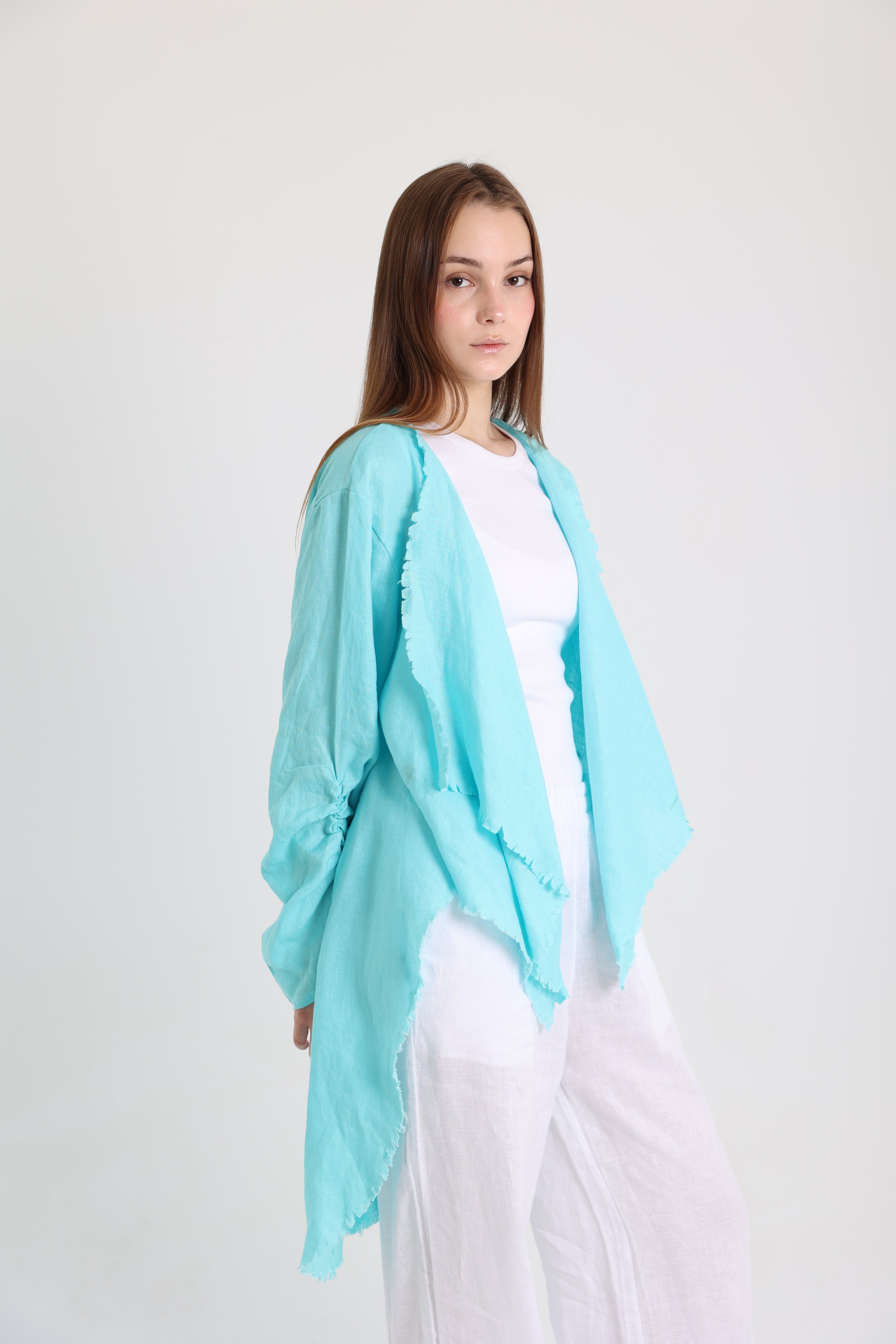 Turquoise high-low croise buttoned cardigan