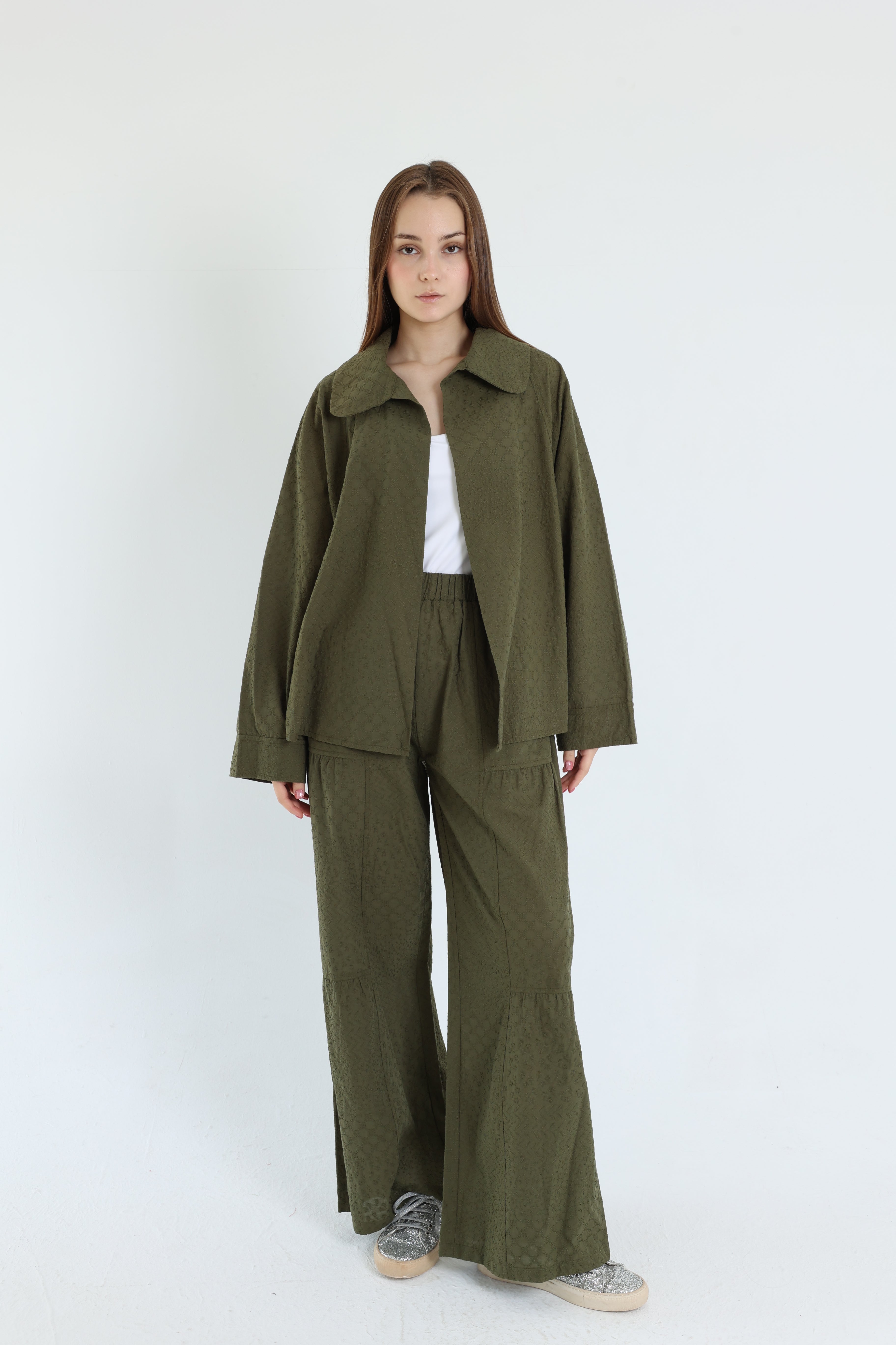 Olive cotton embroidered set