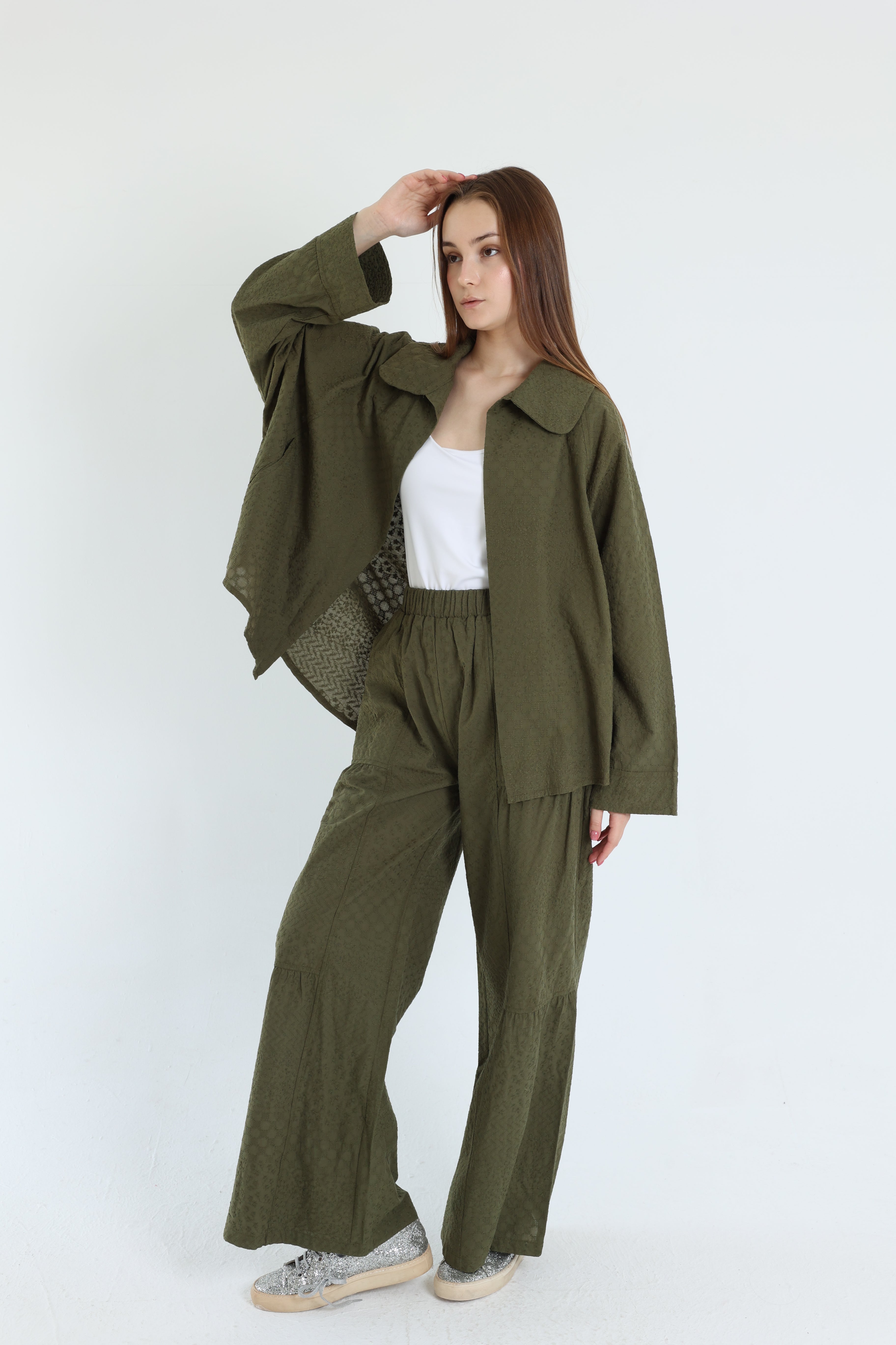 Olive cotton embroidered set