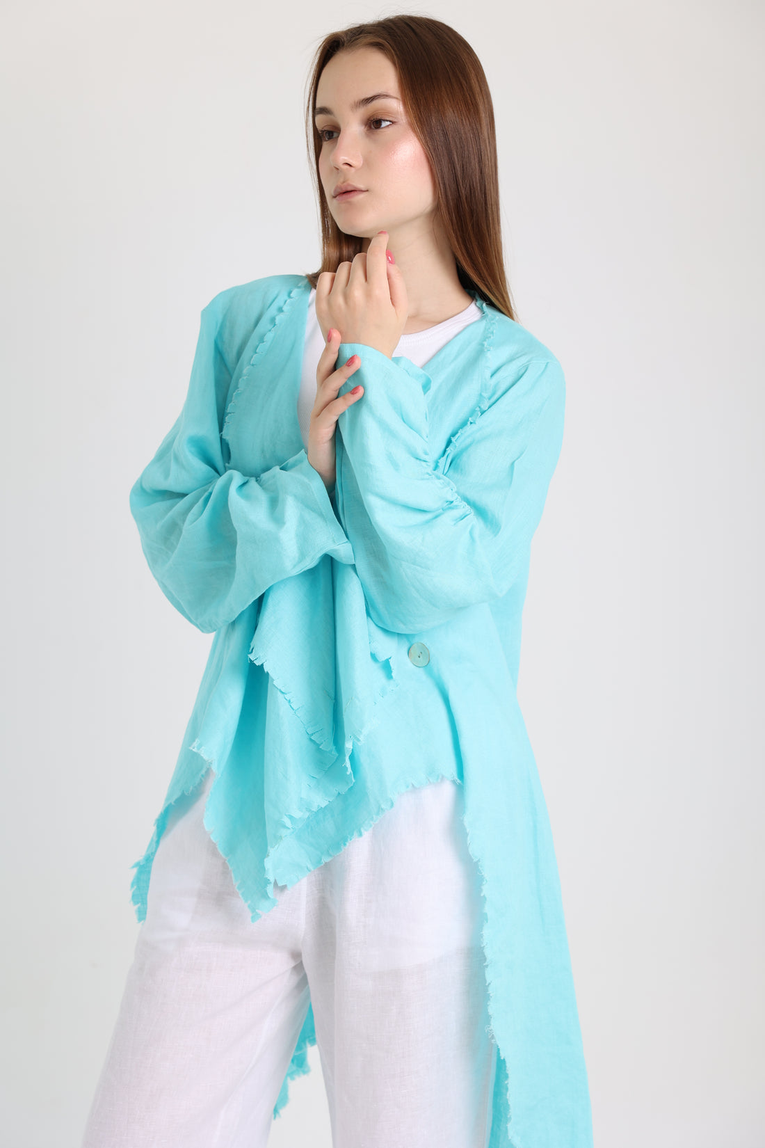 Turquoise high-low croise buttoned cardigan