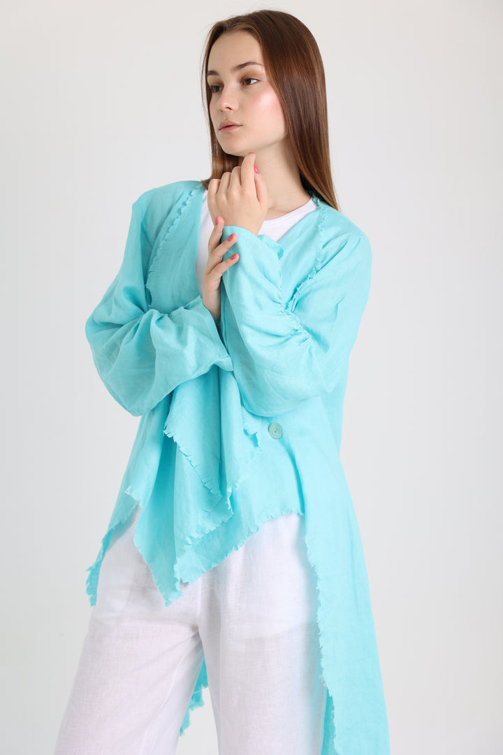 Turquoise high-low croise buttoned cardigan