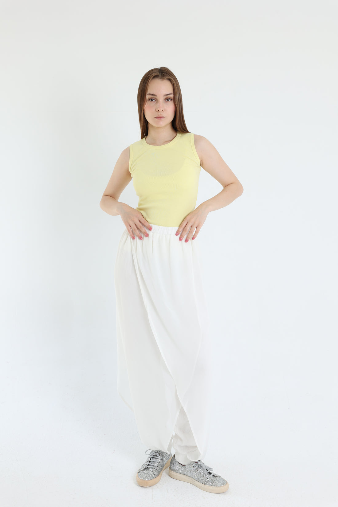 Off-white crepe pants with croise chiffon layer