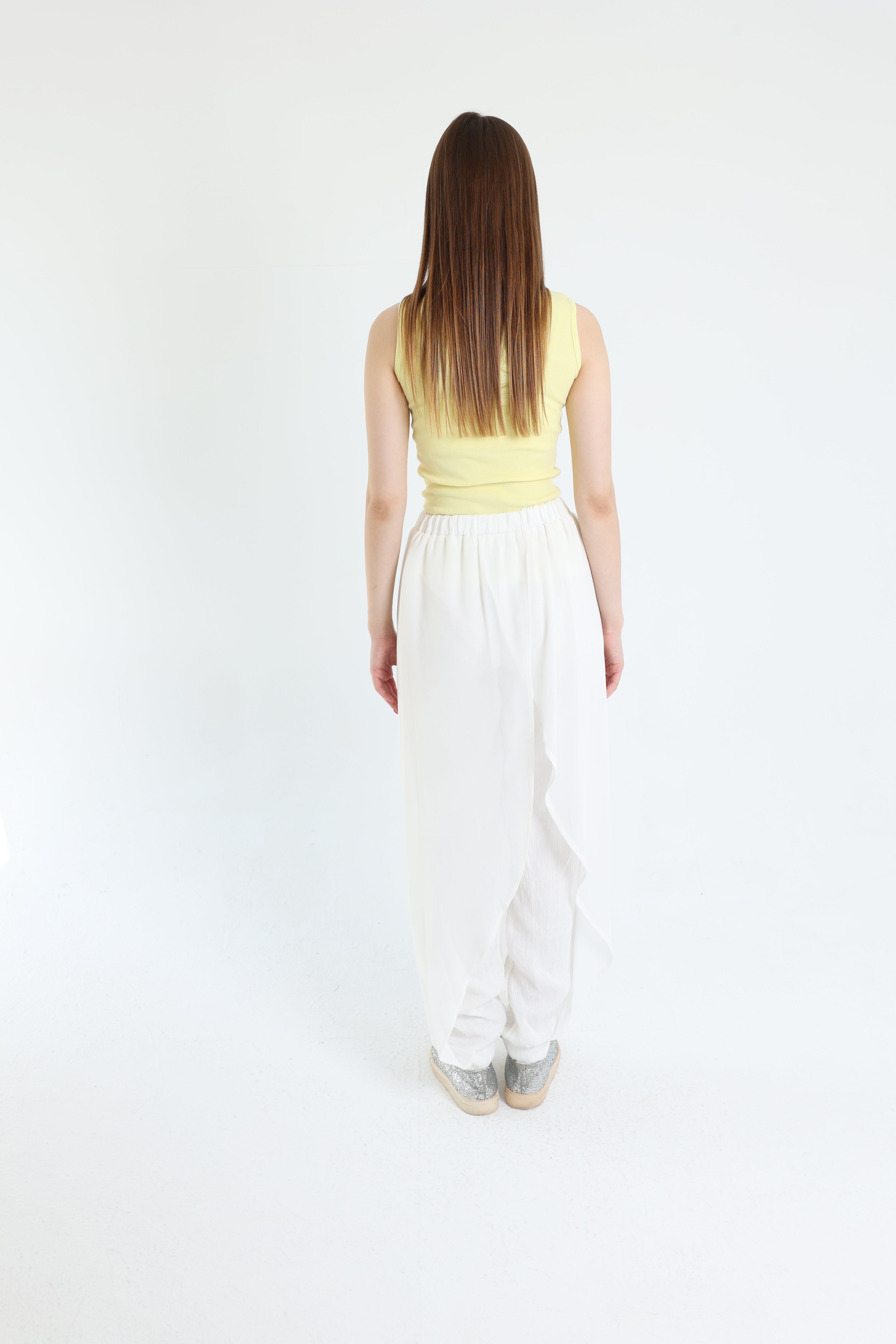 Off-white crepe pants with croise chiffon layer