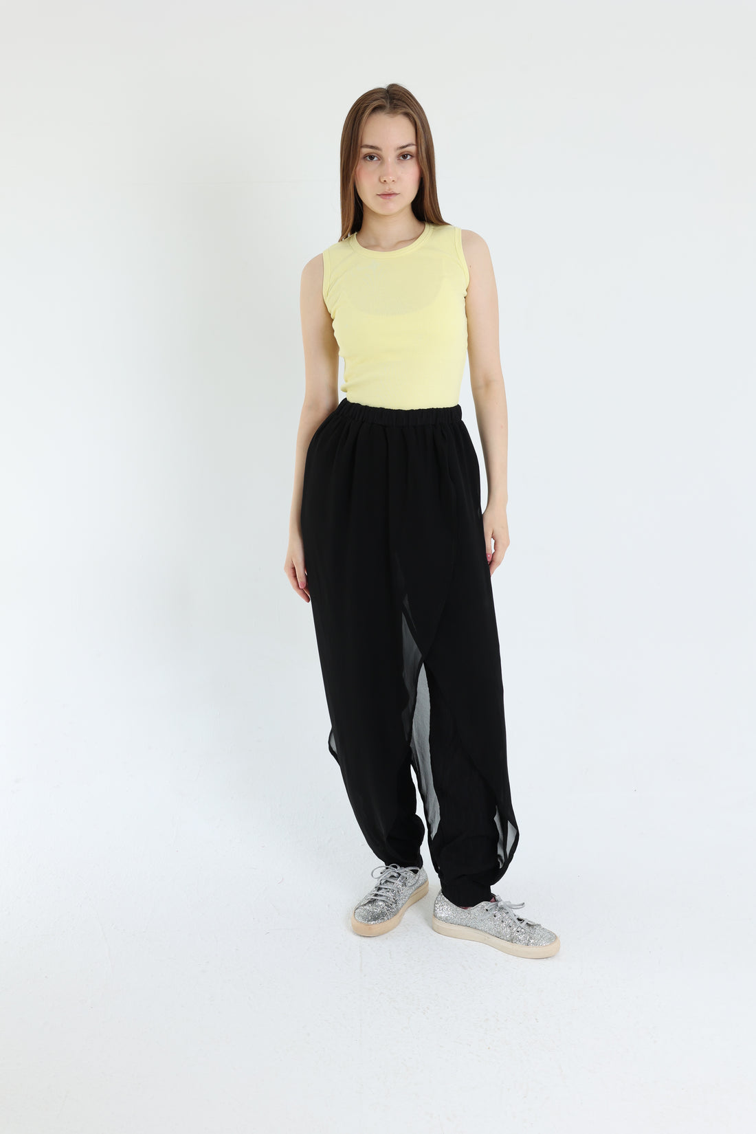 Black crepe pants with croisé chiffon layer