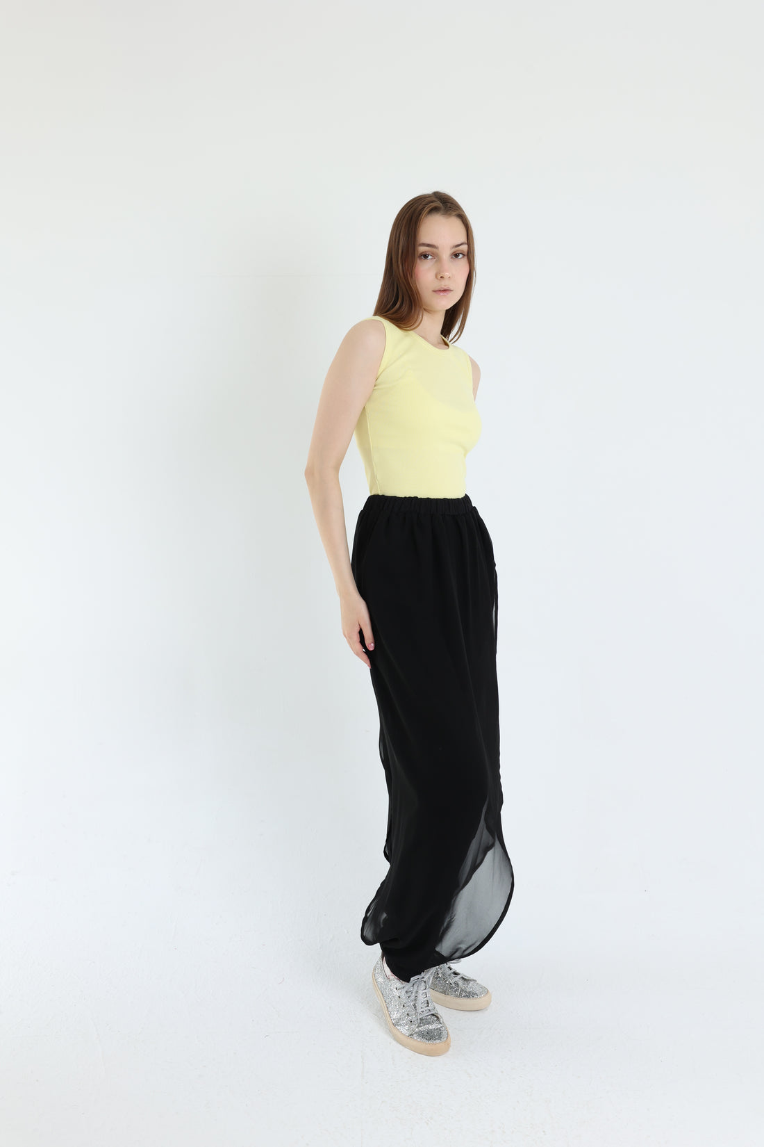 Black crepe pants with croisé chiffon layer