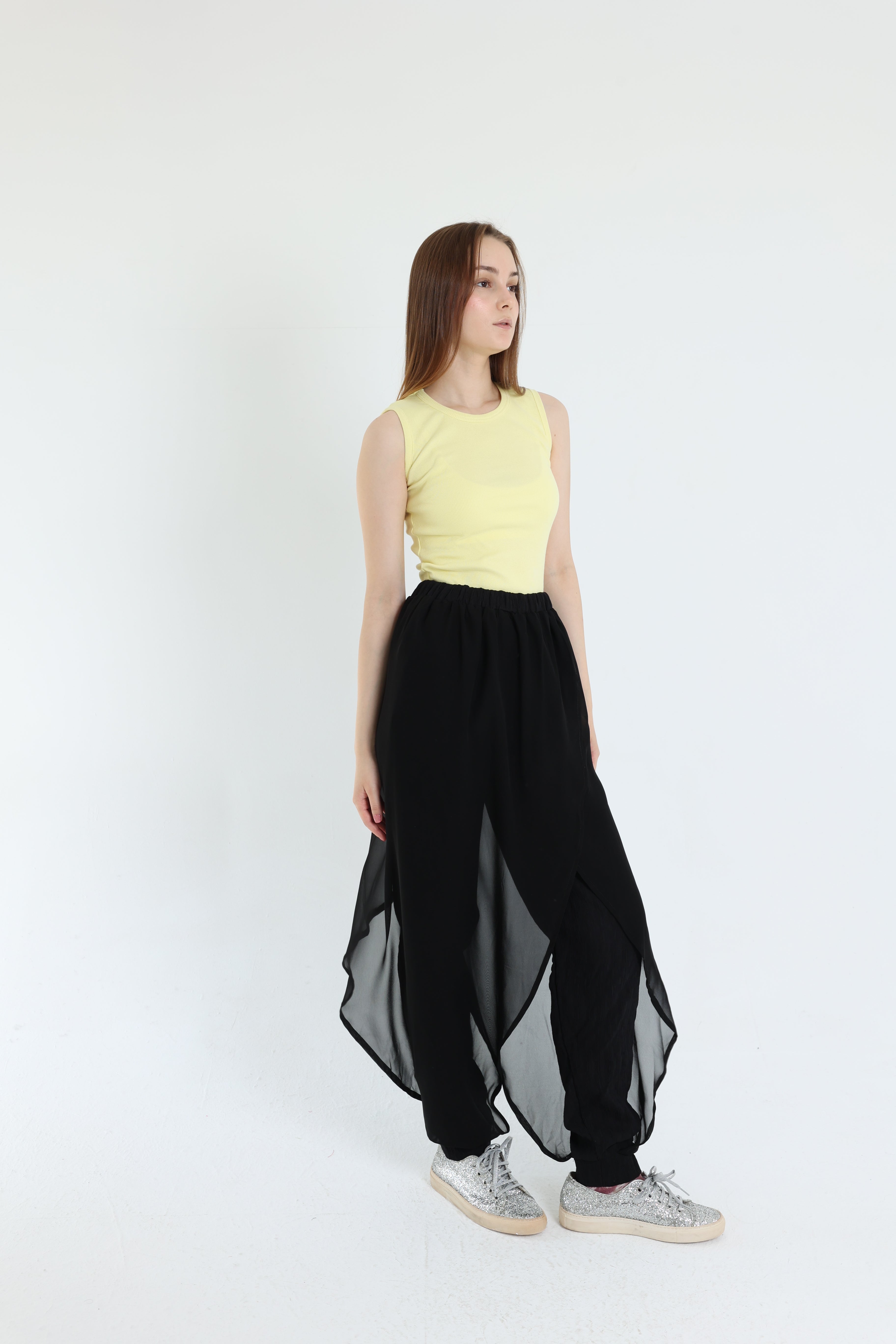 Black crepe pants with croisé chiffon layer