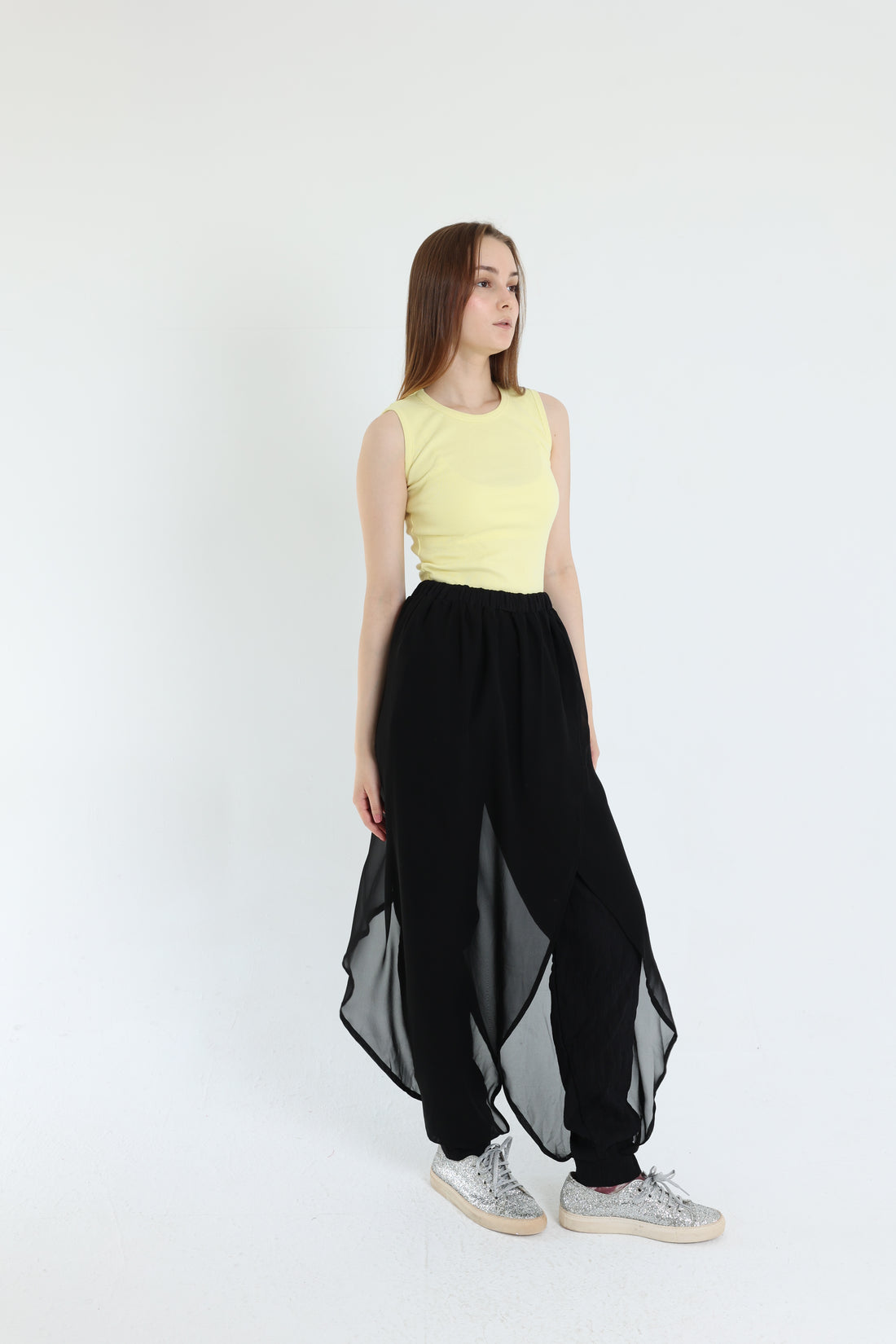 Black crepe pants with croisé chiffon layer