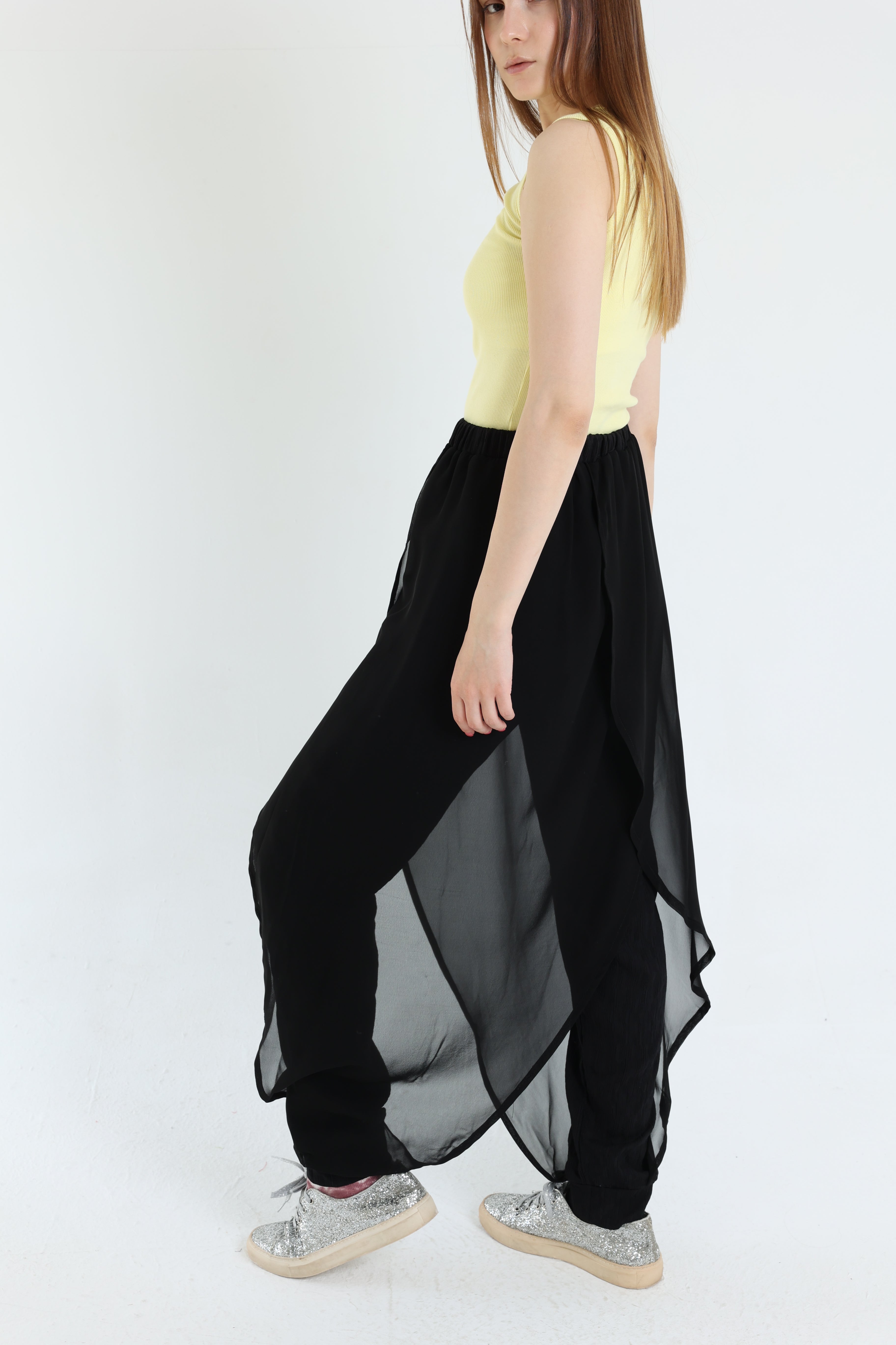 Black crepe pants with croisé chiffon layer