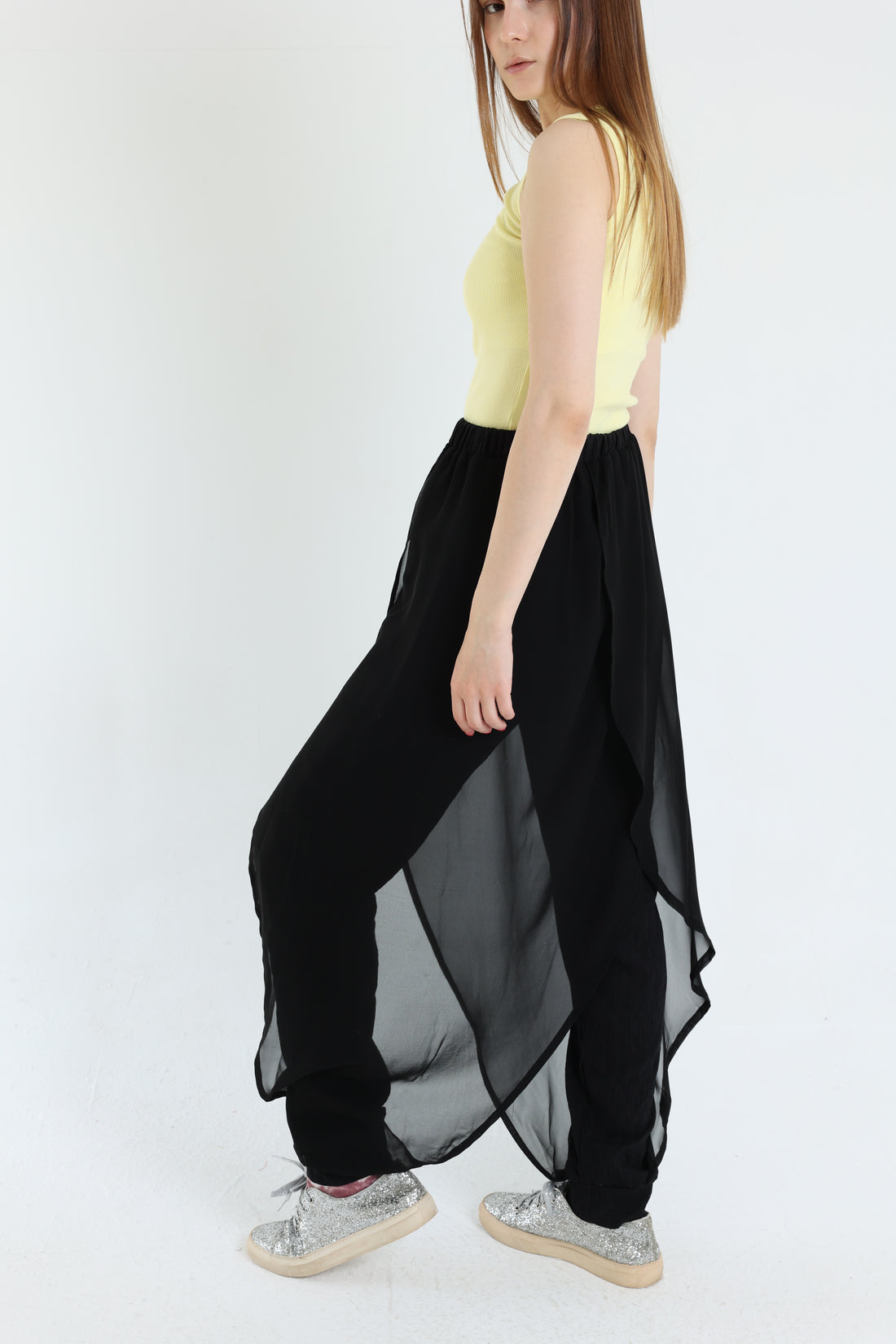 Black crepe pants with croisé chiffon layer