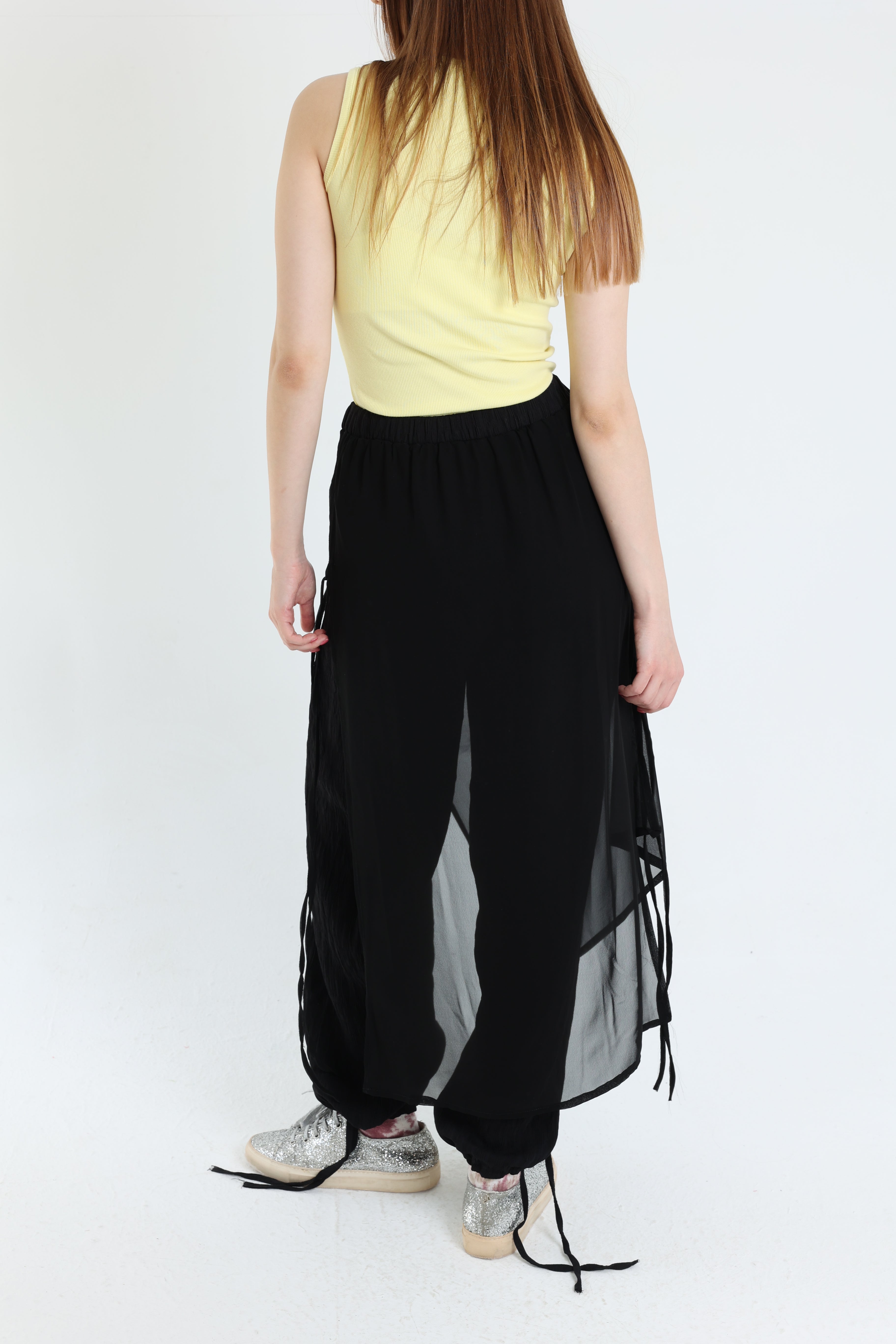 Black crepe pants with croisé chiffon layer