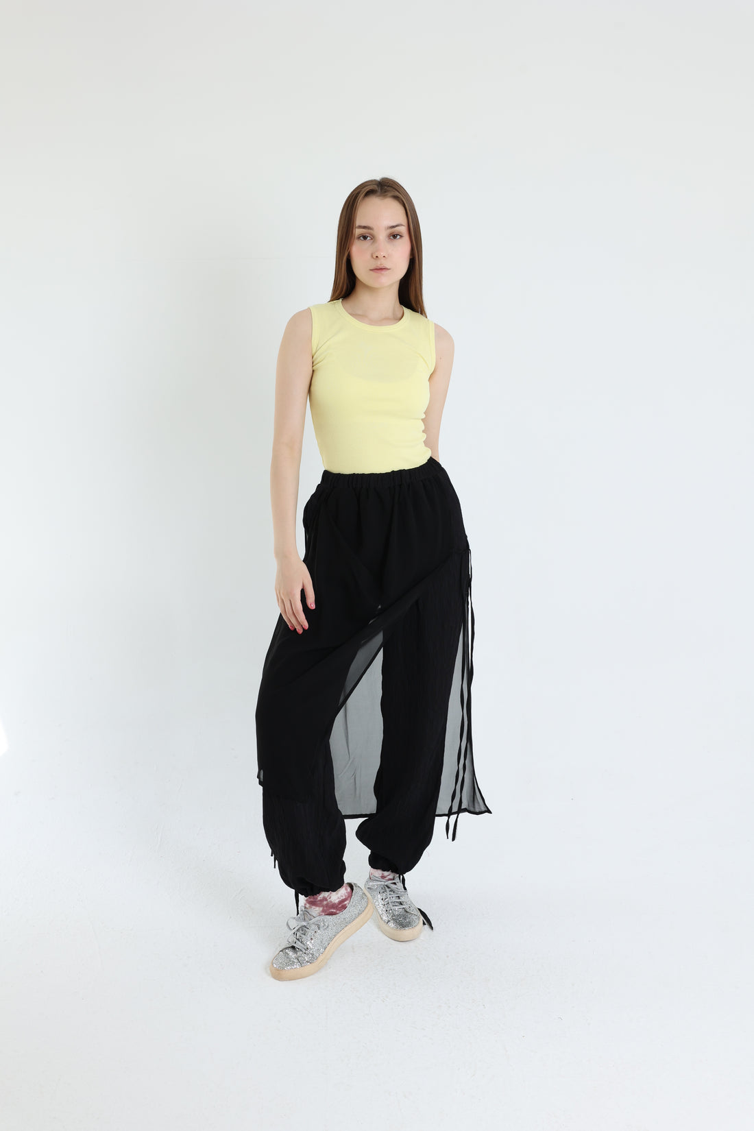 Black crepe pants with croisé chiffon layer