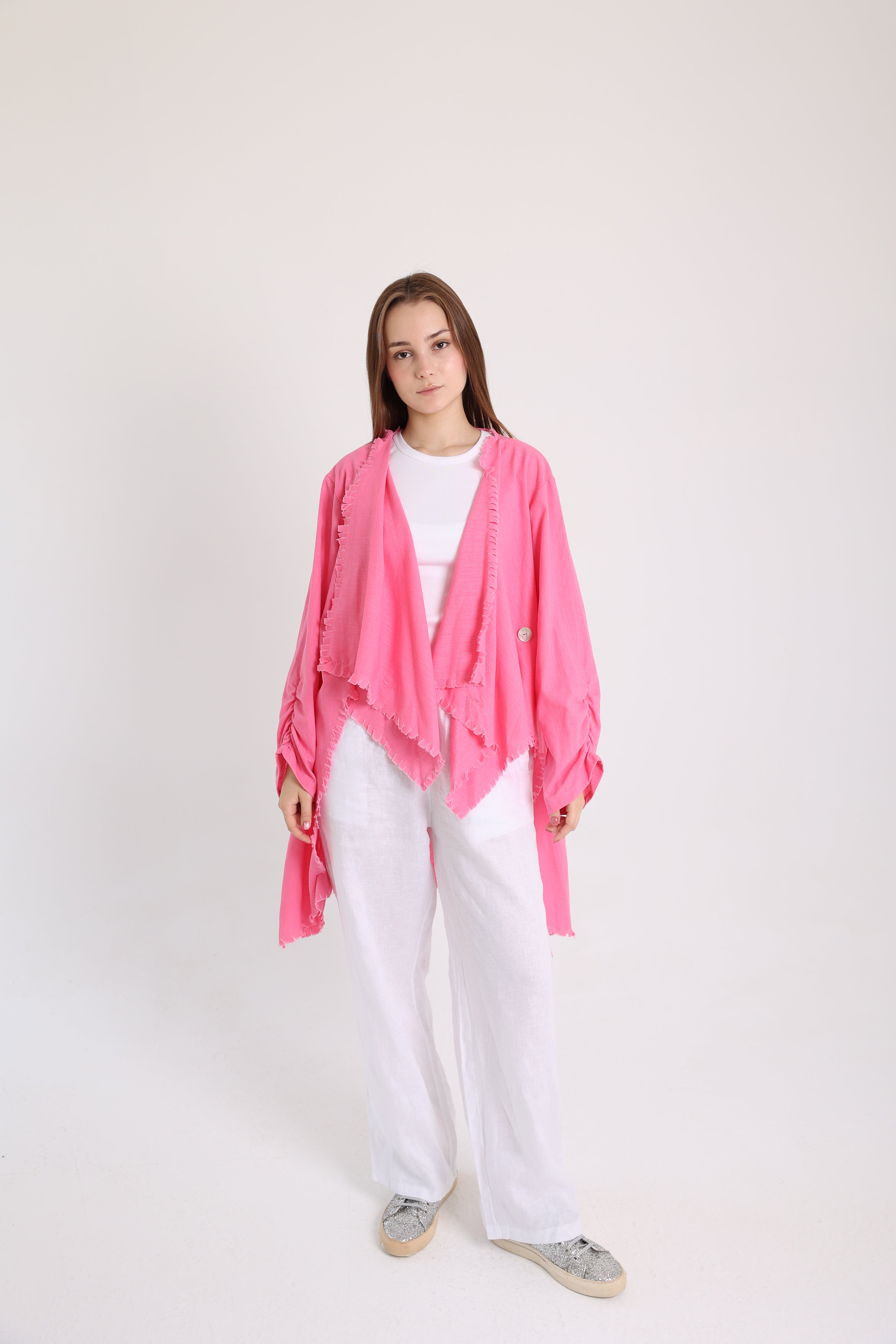 Hot pink high-low croise buttoned cardigan