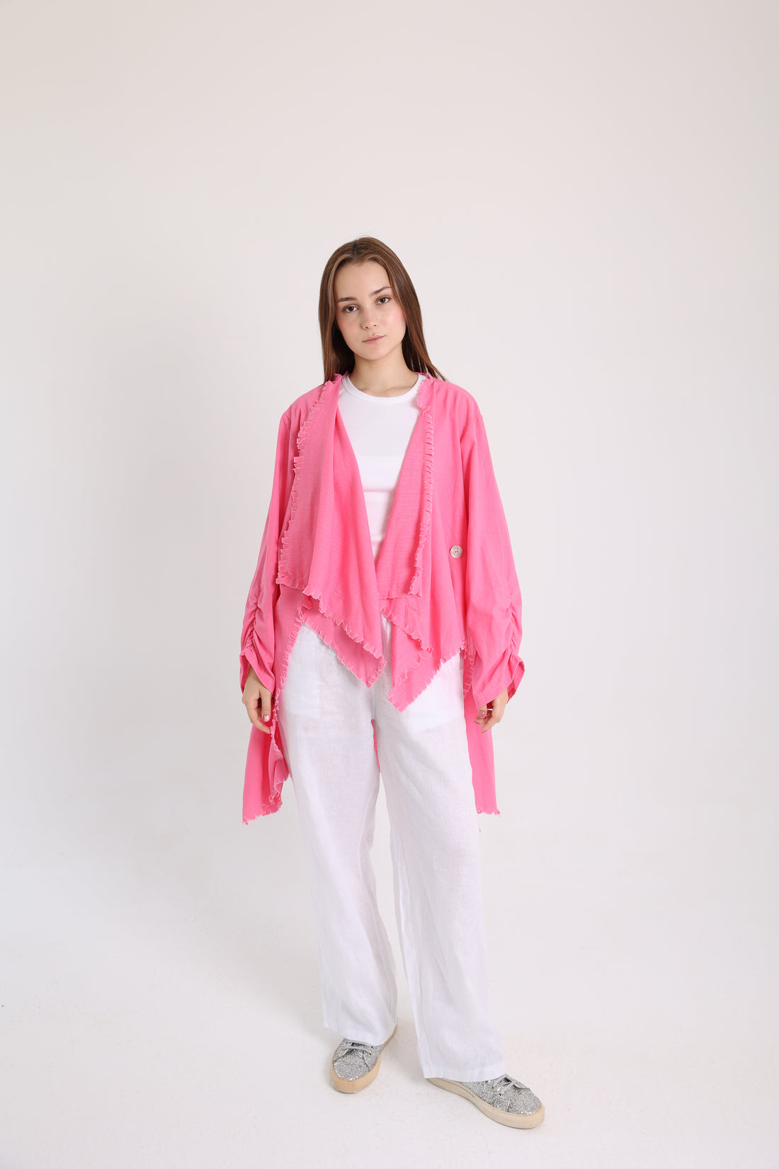 Hot pink high-low croise buttoned cardigan