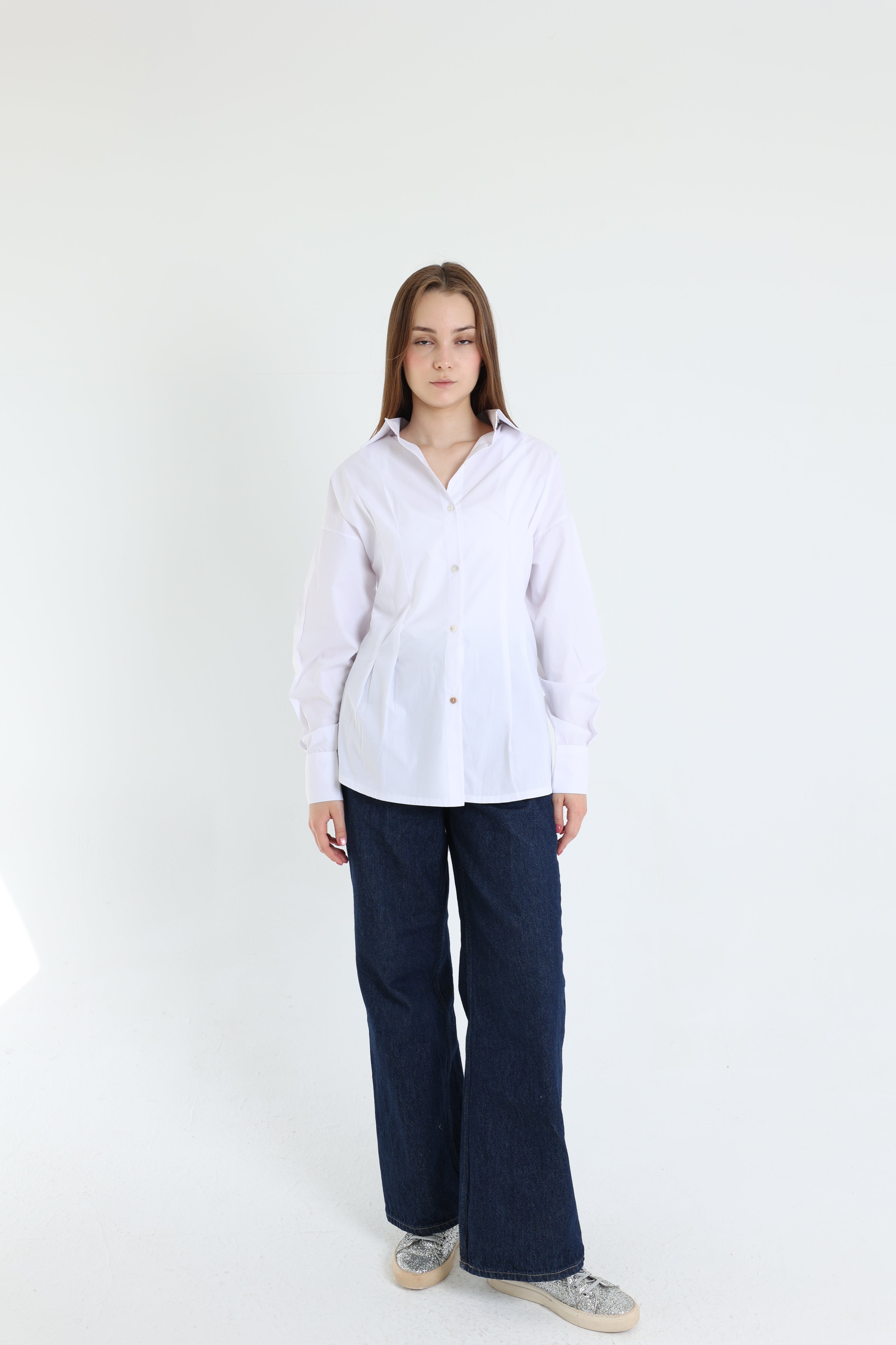 White darted poplin shirt