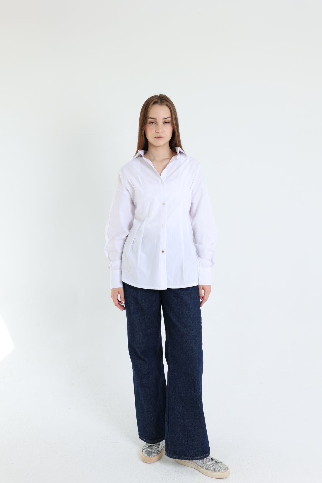 White darted poplin shirt