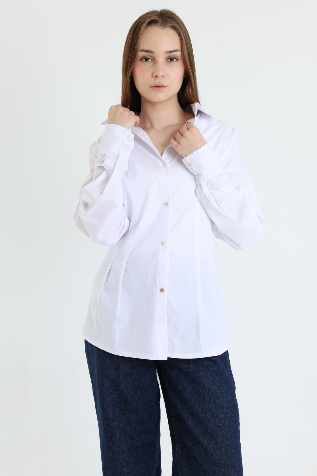 White darted poplin shirt