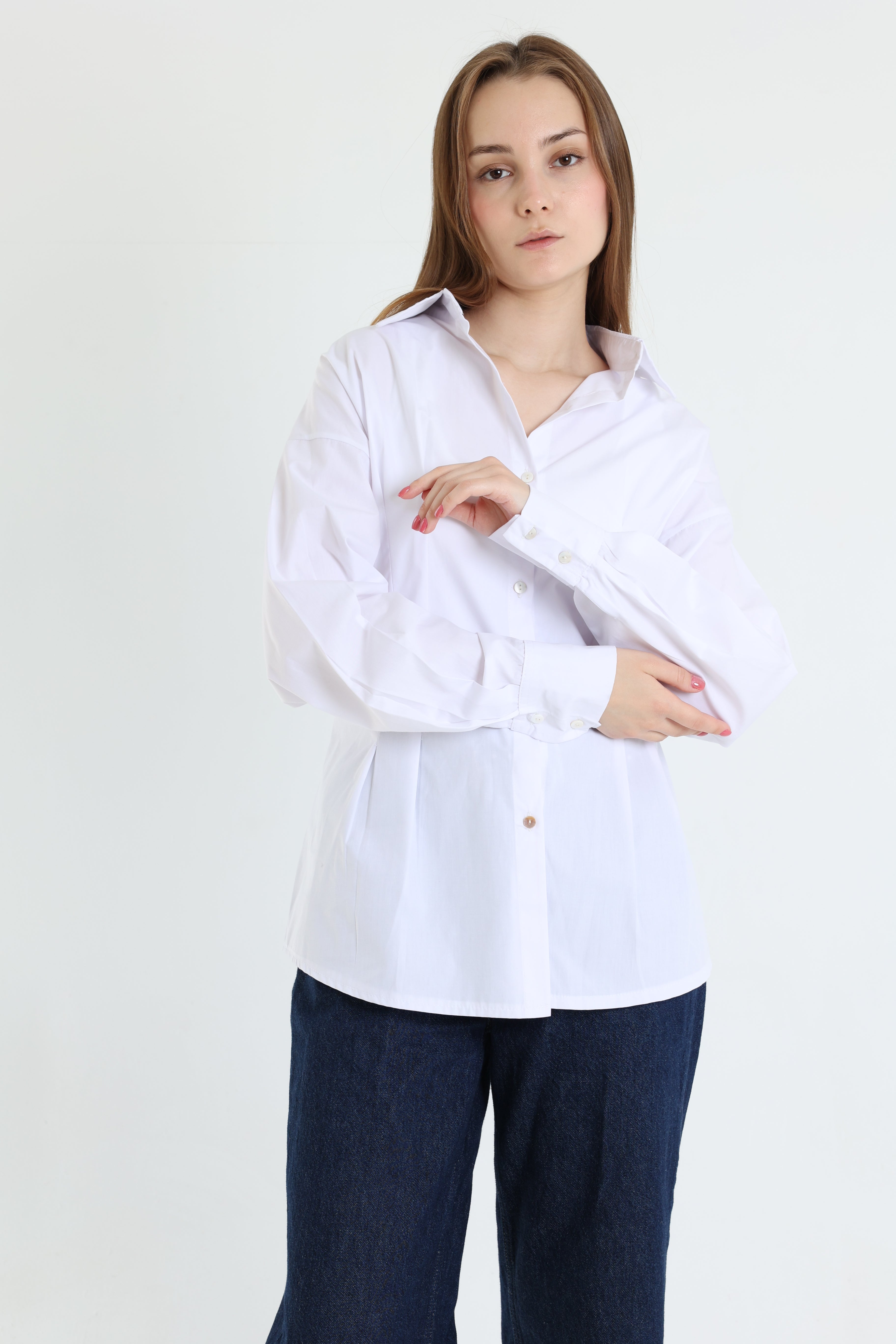White darted poplin shirt