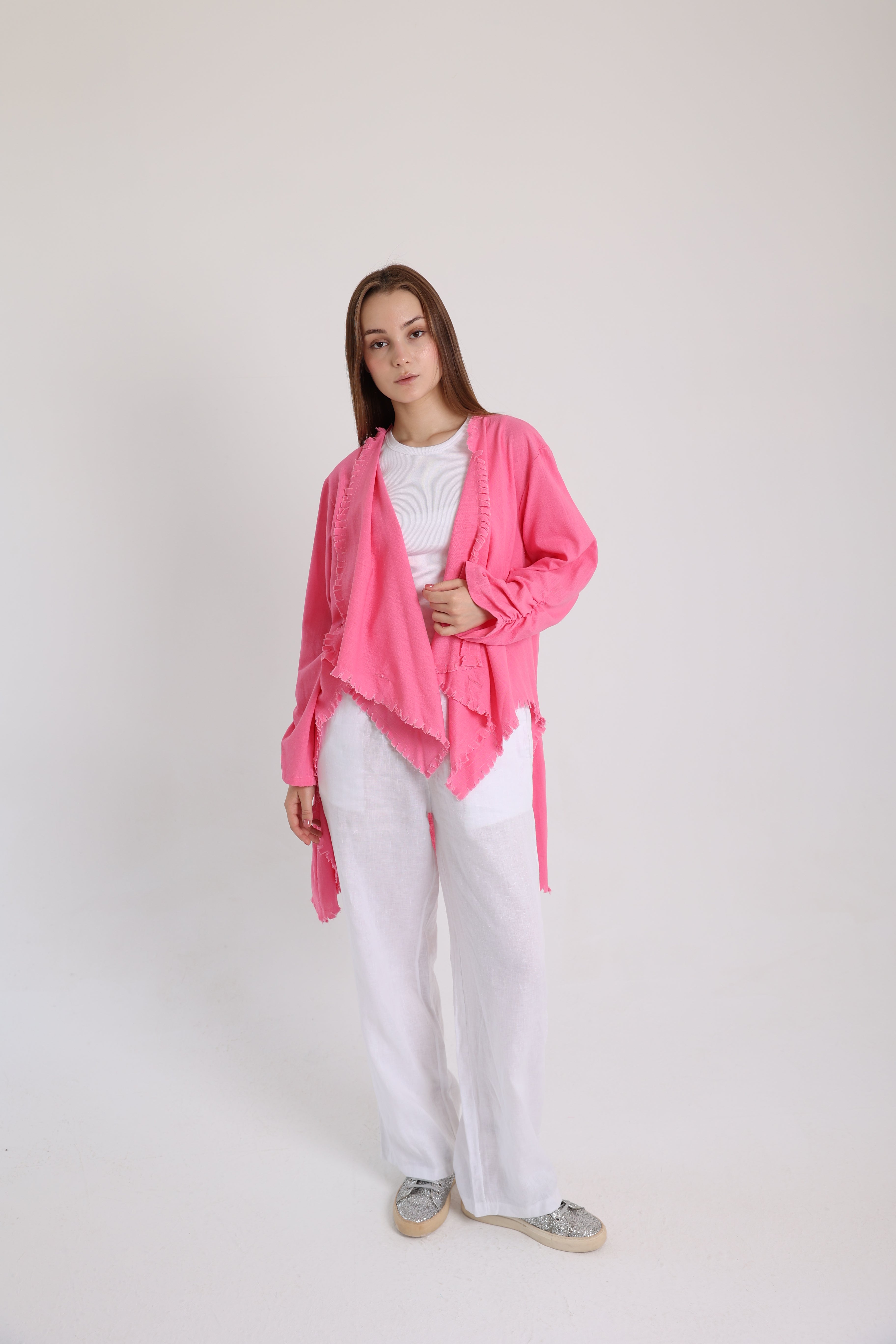 Hot pink high-low croise buttoned cardigan