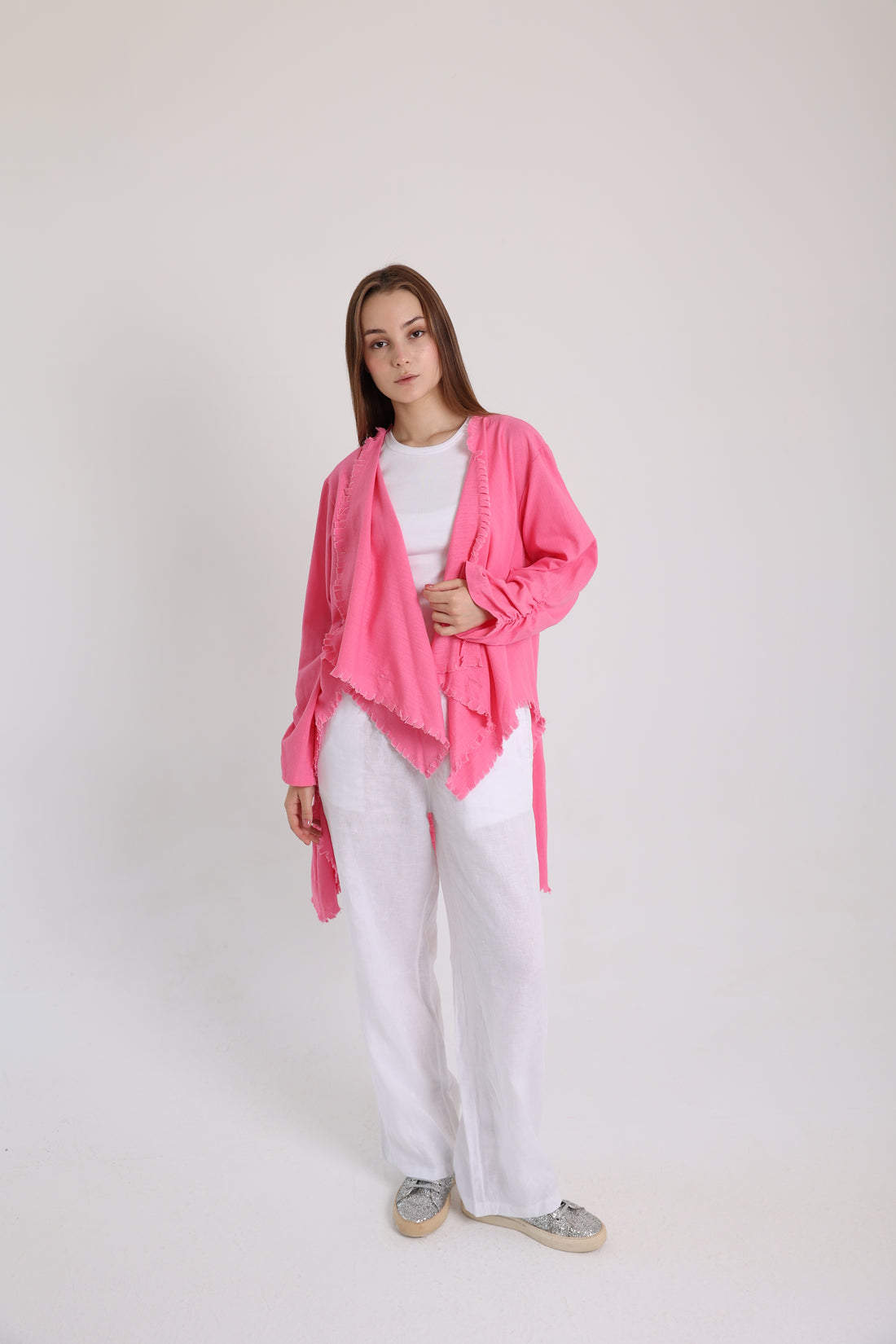 Hot pink high-low croise buttoned cardigan