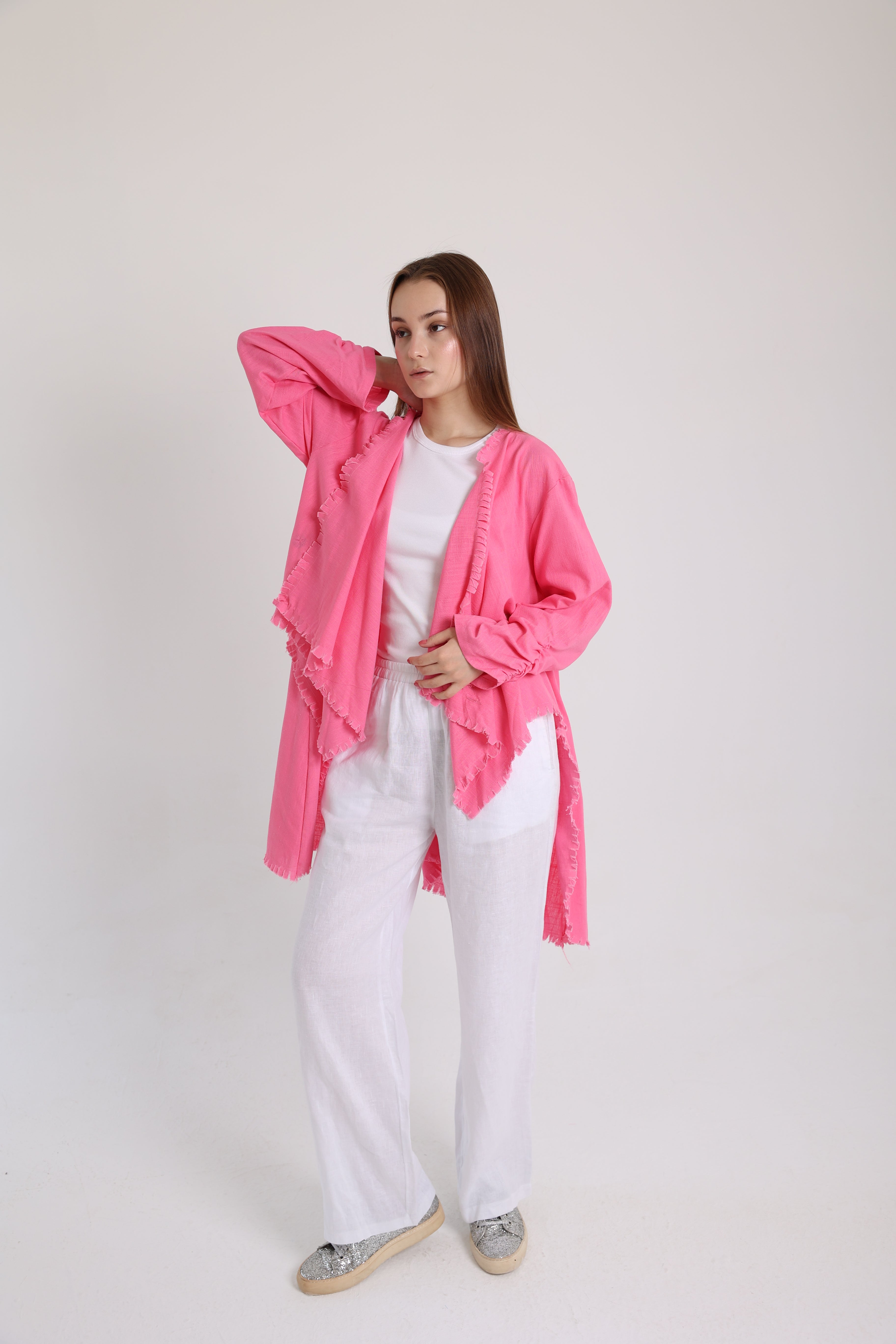 Hot pink high-low croise buttoned cardigan