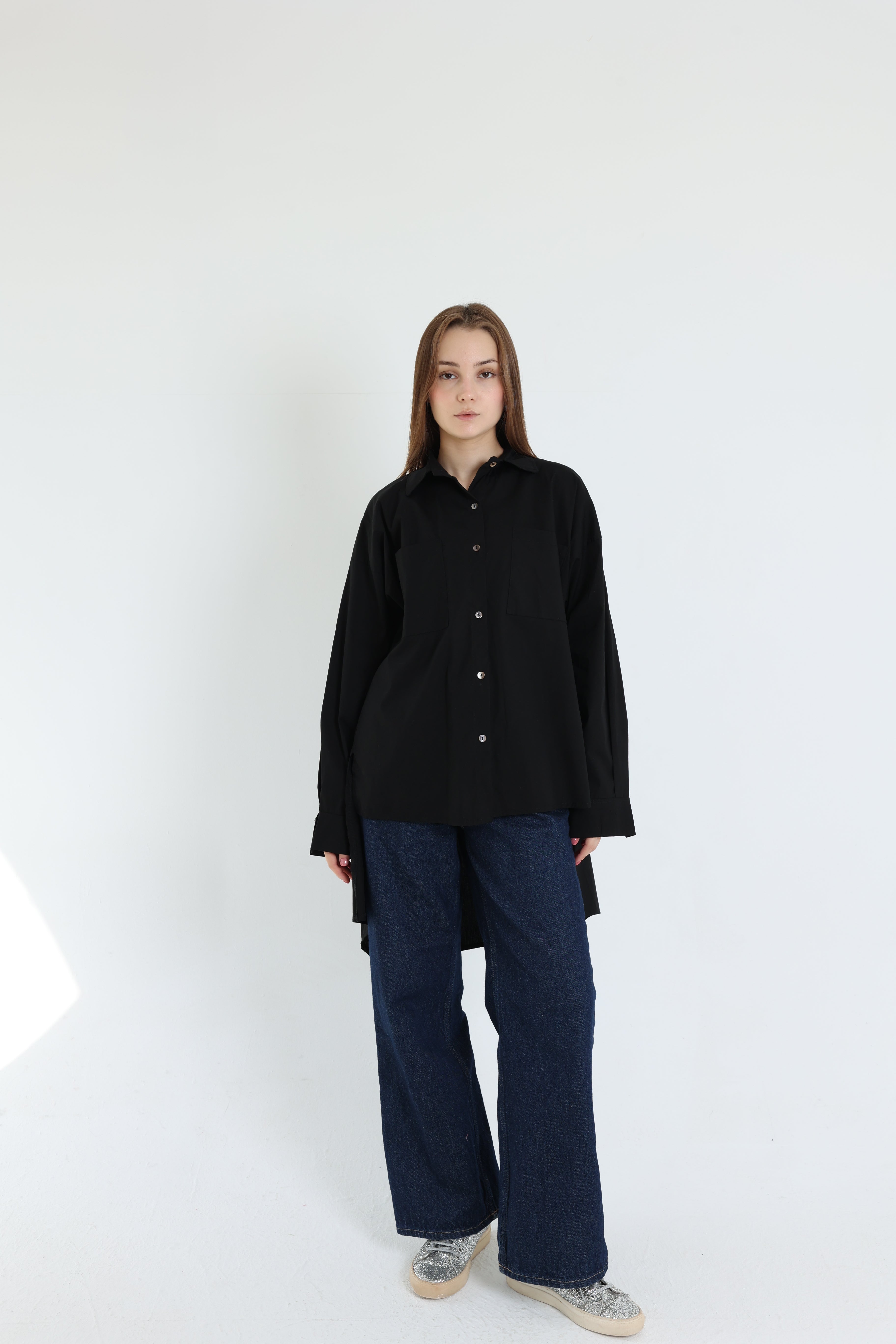 Black High-Low Poplin Shirt