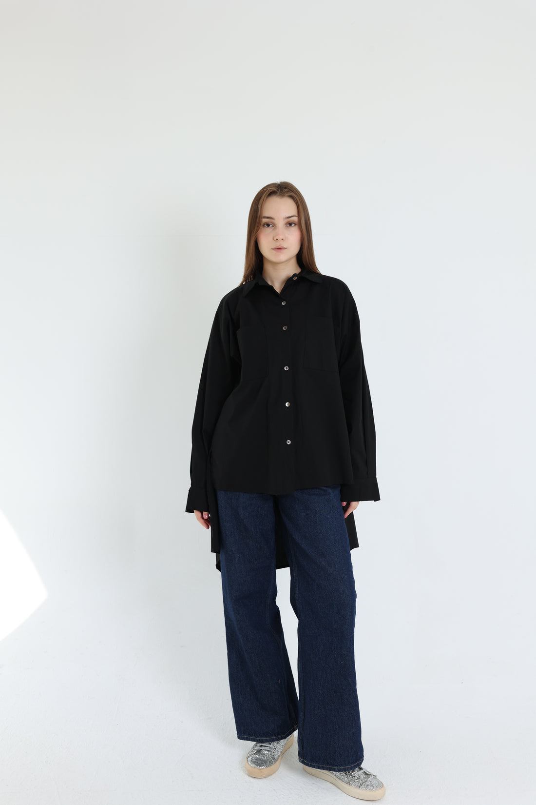 Black High-Low Poplin Shirt