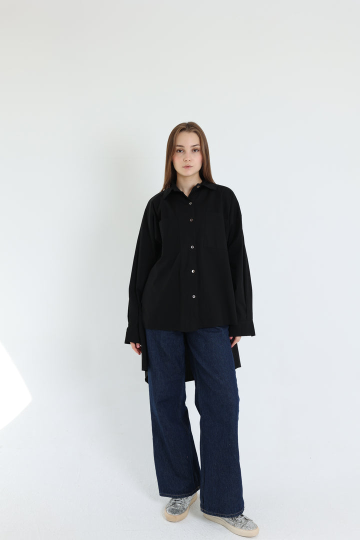 Black High-Low Poplin Shirt
