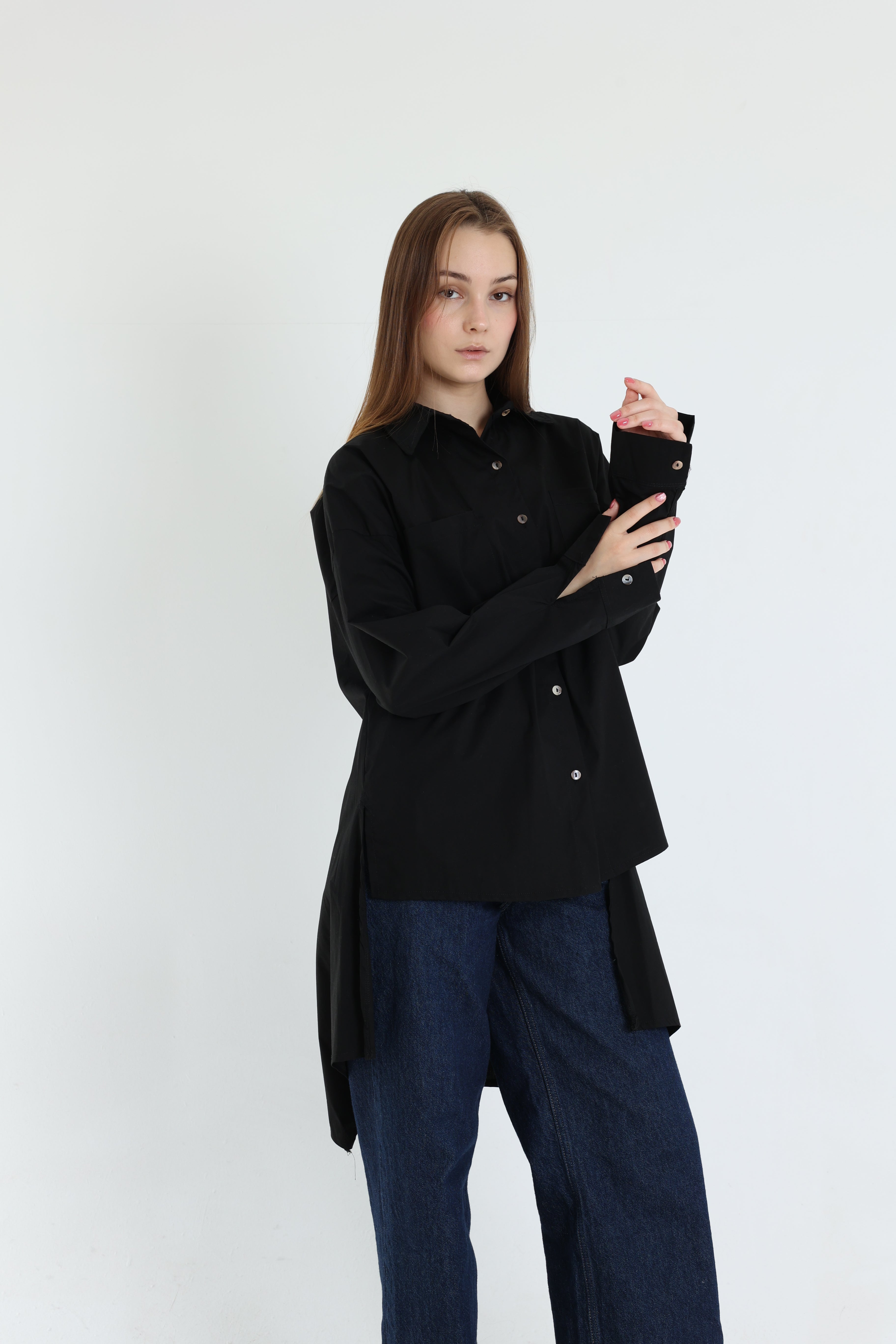 Black High-Low Poplin Shirt