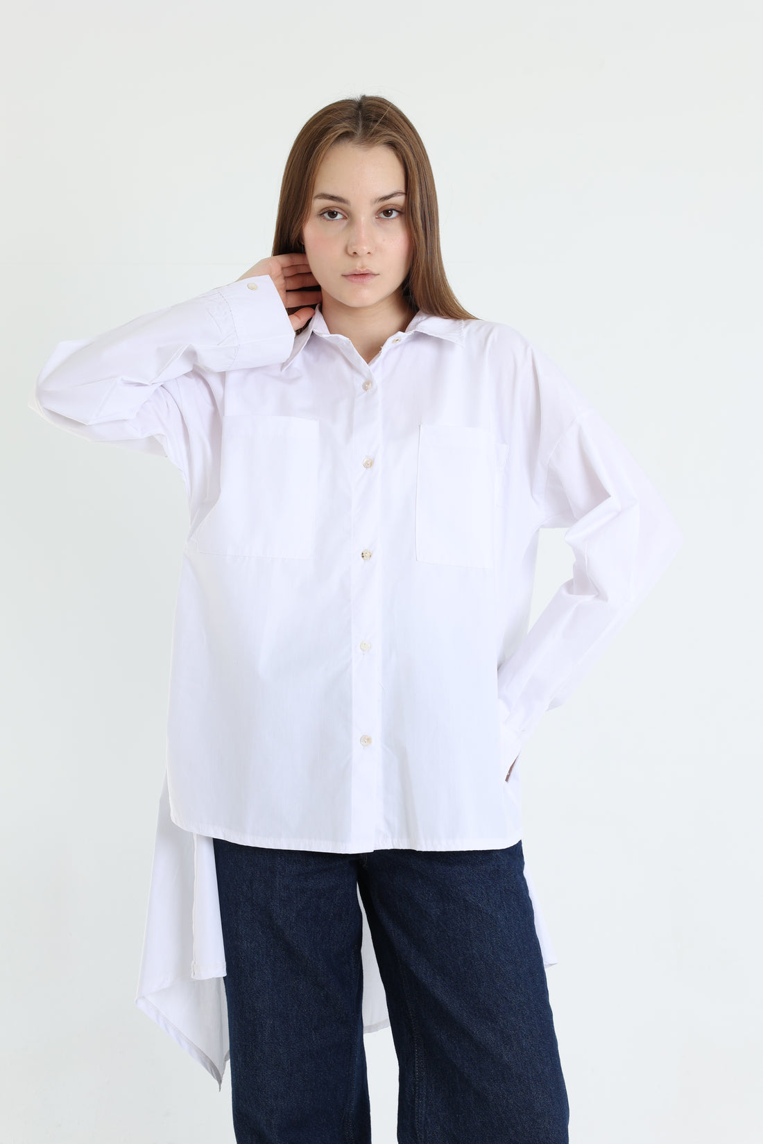 White high-low poplin shirt