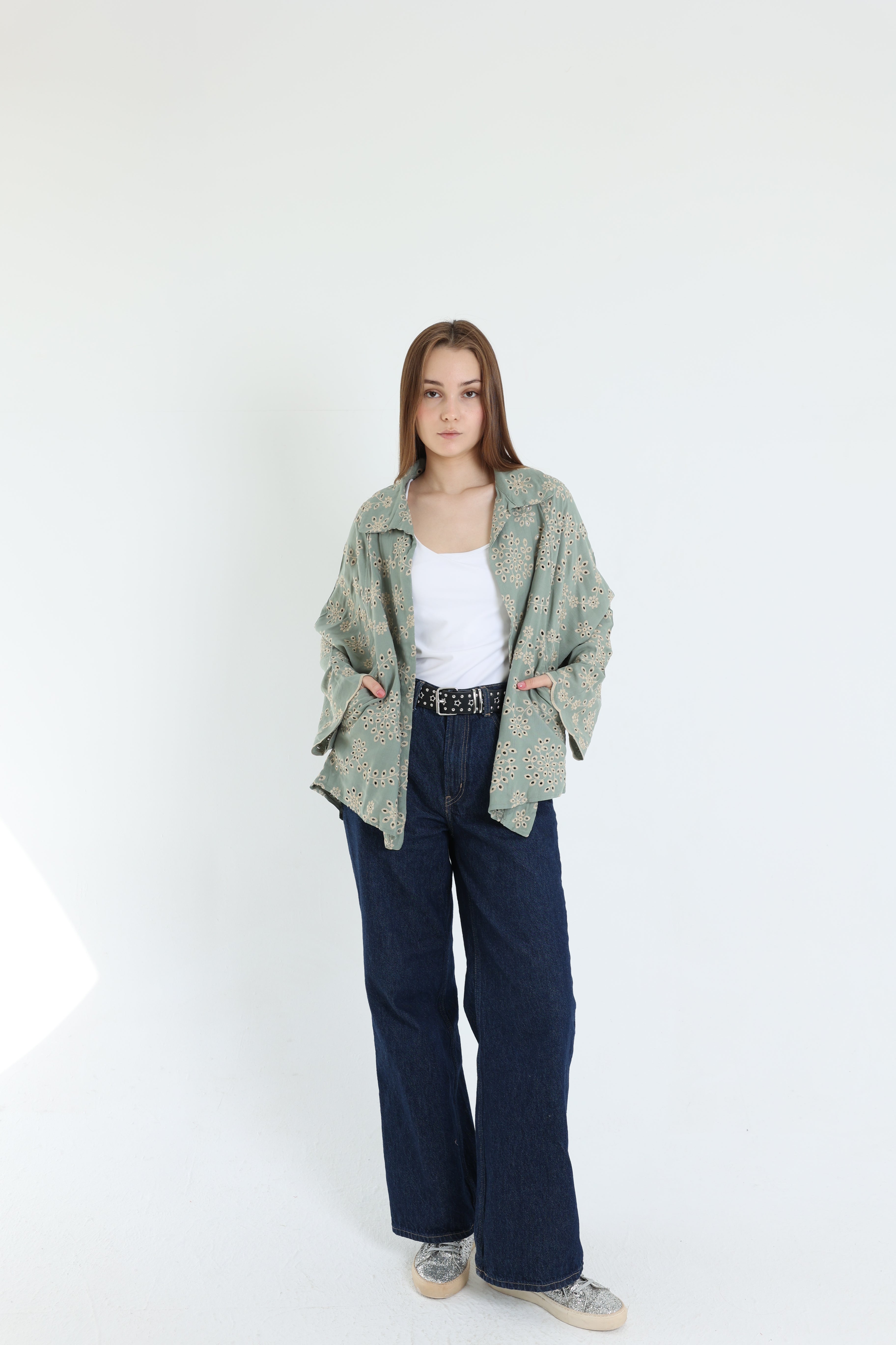 Green layered embroidered blouse
